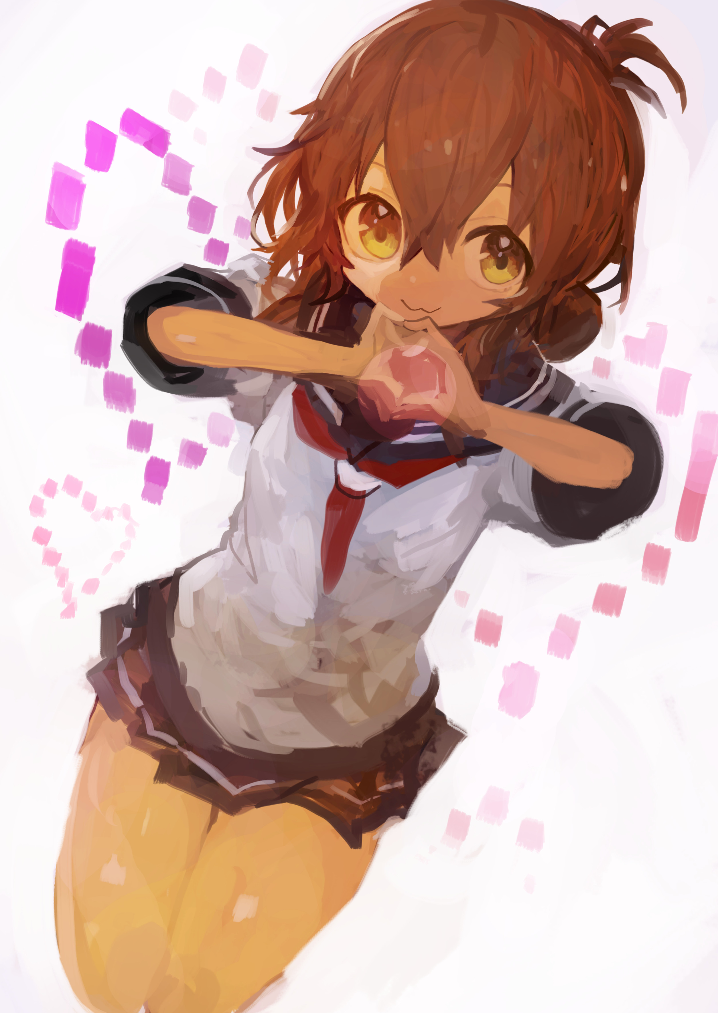 kaamin (mariarose753), inazuma (kancolle), kantai collection, absurdres, commentary, highres, 1girl, :3, black sailor collar, black skirt, brown hair, closed mouth, folded ponytail, hair between eyes, heart, heart hands, looking at viewer, miniskirt, neckerchief, pleated skirt, red neckerchief, sailor collar, school uniform, serafuku, simple background, skirt, solo, yellow eyes