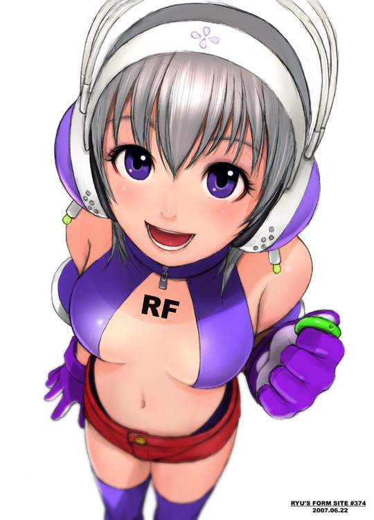 ryu (ryu's form site), original, tagme, 1girl, female focus, gloves, purple eyes, purple thighhighs, short shorts, shorts, solo, thighhighs