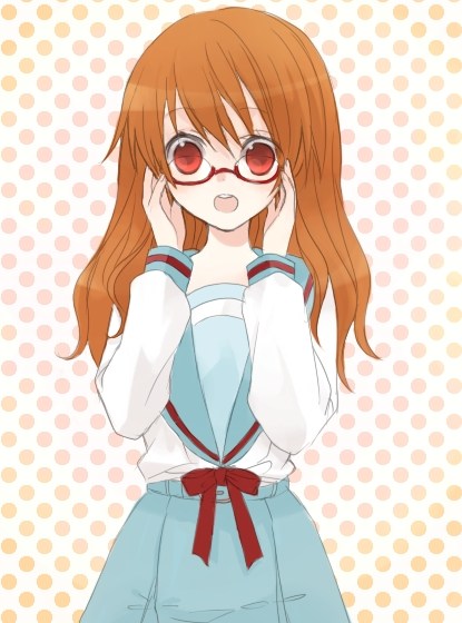 asahina mikuru, suzumiya haruhi no yuuutsu, 00s, 1girl, brown hair, female focus, glasses, red eyes, school uniform, serafuku, solo