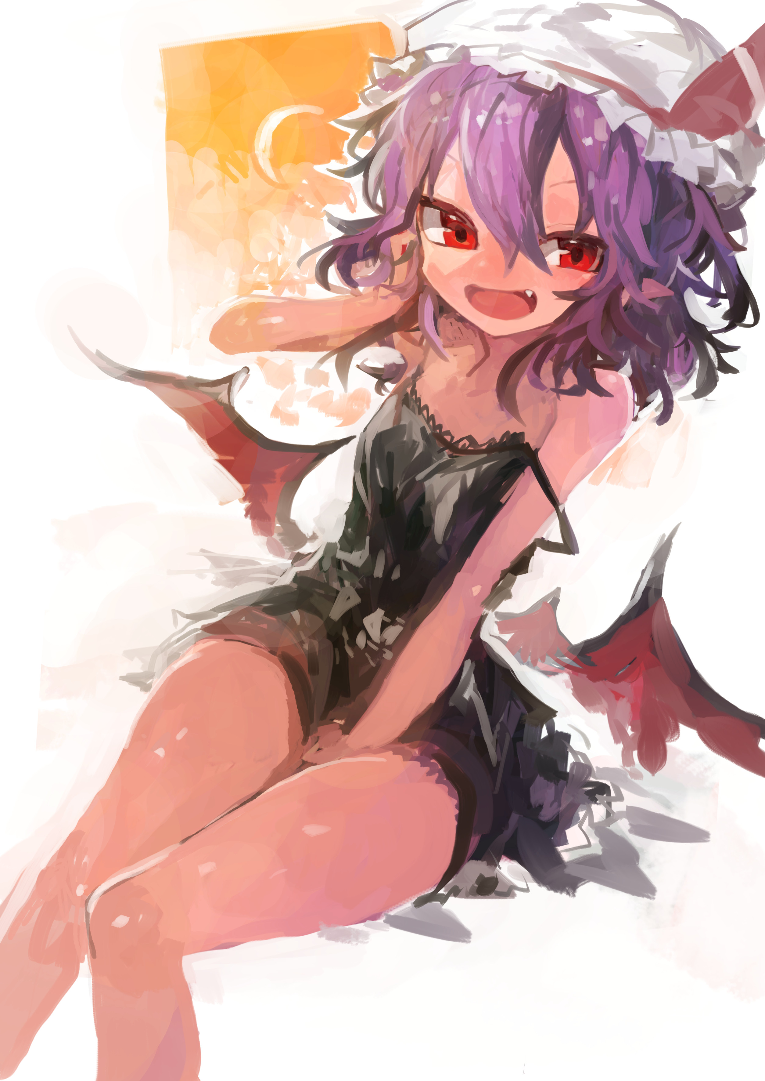 kaamin (mariarose753), remilia scarlet, touhou, absurdres, commentary, highres, 1girl, alternate costume, bat wings, between legs, black dress, dress, fang, hair between eyes, hand between legs, hand in own hair, hat, looking at viewer, medium hair, mob cap, open mouth, pointy ears, red eyes, short dress, sitting, solo, strap slip, white hat, wings