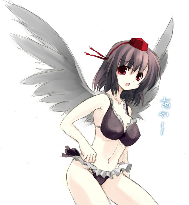 seo tatsuya, shameimaru aya, touhou, 1girl, armpits, bikini, black bikini, black hair, black wings, breasts, character name, covered erect nipples, female focus, frilled bikini, frills, hat, looking at viewer, navel, open mouth, red eyes, short hair, simple background, solo, swimsuit, tokin hat, white background, wings