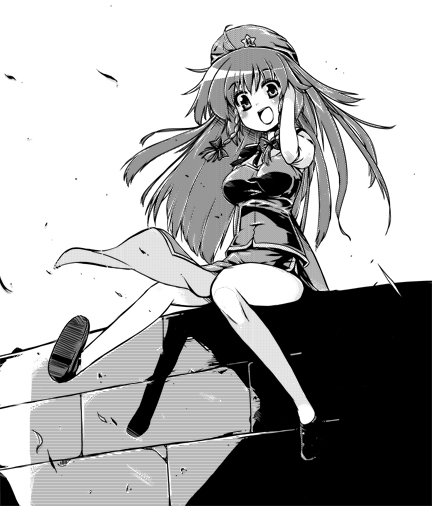 kiku hitomoji, tora tooru, toru tooru, hong meiling, embodiment of scarlet devil, touhou, 1girl, bare legs, braid, brick wall, female focus, greyscale, hand on own head, long hair, looking at viewer, monochrome, open mouth, pelvic curtain, shoes, short sleeves, sitting, solo, twin braids