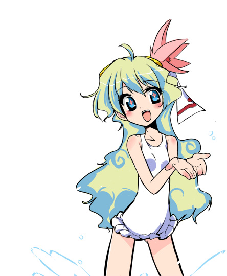 kiku hitomoji, tora tooru, toru tooru, nia teppelin, tengen toppa gurren lagann, 00s, 1girl, blue eyes, blush, female focus, green hair, long hair, one-piece swimsuit, open mouth, simple background, solo, swimsuit, very long hair, white background, white one-piece swimsuit