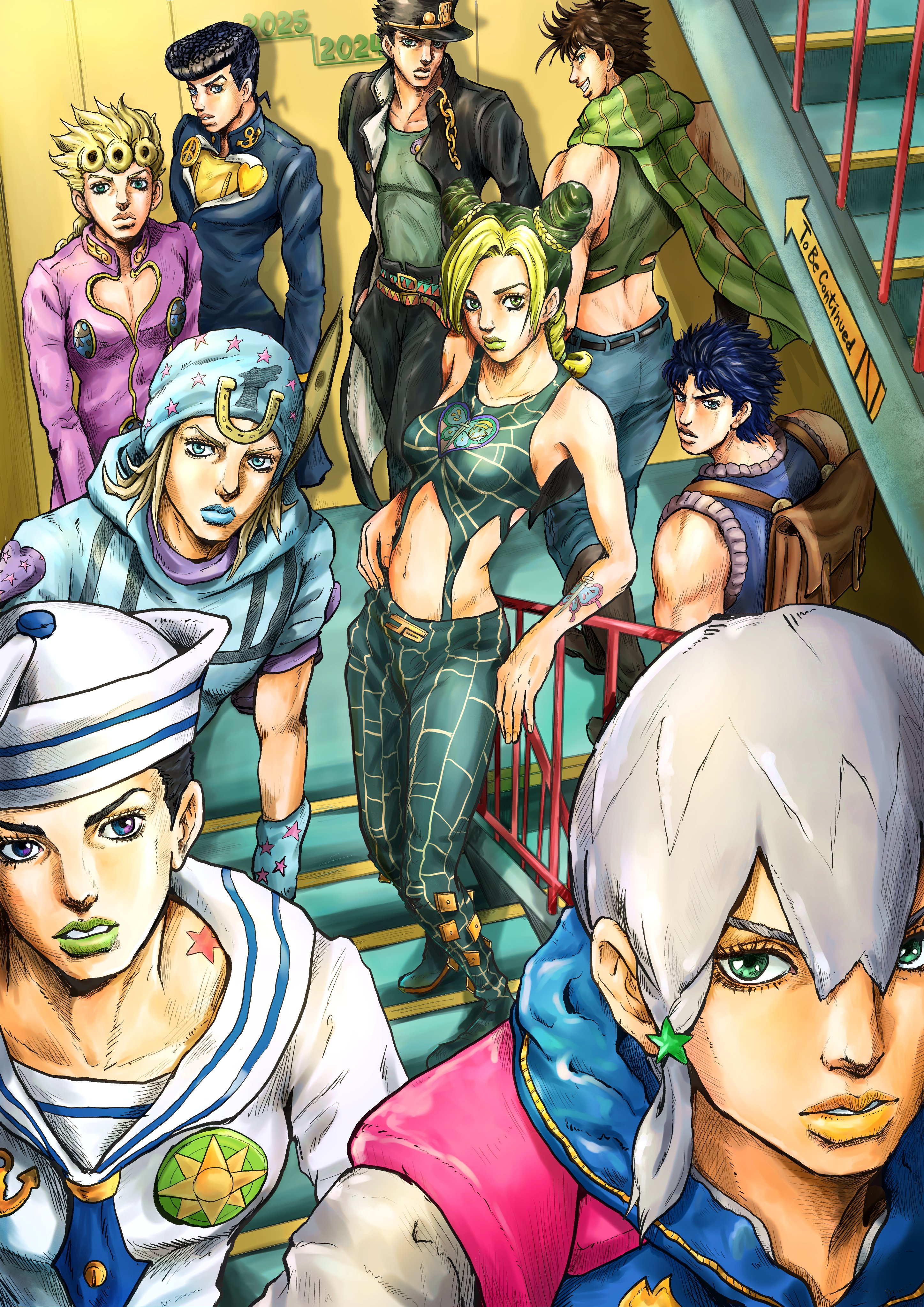 kaib0y, giorno giovanna, higashikata josuke, higashikata josuke (jojolion), jodio joestar, johnny joestar, jonathan joestar, joseph joestar, joseph joestar (young), kuujou jolyne, kuujou joutarou, battle tendency, diamond wa kudakenai, jojo no kimyou na bouken, jojolion, phantom blood, stardust crusaders, steel ball run, stone ocean, the jojolands, vento aureo, absurdres, commentary request, highres, 1girl, 6+boys, anchor ornament, araki hirohiko (style), arm tattoo, asymmetrical bangs, back, backpack, bag, beanie, belt, birthmark, black belt, black coat, black hair, black hat, blonde hair, blue coat, blue eyes, blue hair, blue hat, blue hoodie, blue lips, blue overalls, blue shirt, braid, brown bag, brown hair, butterfly tattoo, cleavage cutout, clothing cutout, coat, compass rose, crop top, denim, dixie cup hat, family, father and daughter, father and son, grandfather and grandson, green eyes, green hair, green lips, green pants, green scarf, green shirt, green tank top, grey hair, grey shirt, hair ornament, hat, heart ornament, high collar, hood, hood down, hoodie, horseshoe hat ornament, horseshoe ornament, in-franchise crossover, indoors, jacket, jeans, joestar birthmark, ladder, ladybug ornament, long bangs, long coat, long hair, military hat, multicolored eyes, multicolored hair, multiple belts, multiple boys, overalls, pants, peace symbol, peaked cap, pectoral cleavage, pectorals, pink jacket, purple eyes, sailor, sailor collar, sailor hat, scarf, shirt, short sleeves, side braid, sleeveless, sleeveless shirt, smile, spider web print, standing, star (symbol), star hair ornament, striped clothes, striped scarf, tank top, tattoo, time paradox, to be continued, two-tone eyes, two-tone hair, uncle and nephew, vertical-striped clothes, vertical-striped scarf, very long hair, white hair, white hat, white sailor collar, yellow lips, yellow shirt, zipper, zipper pull tab