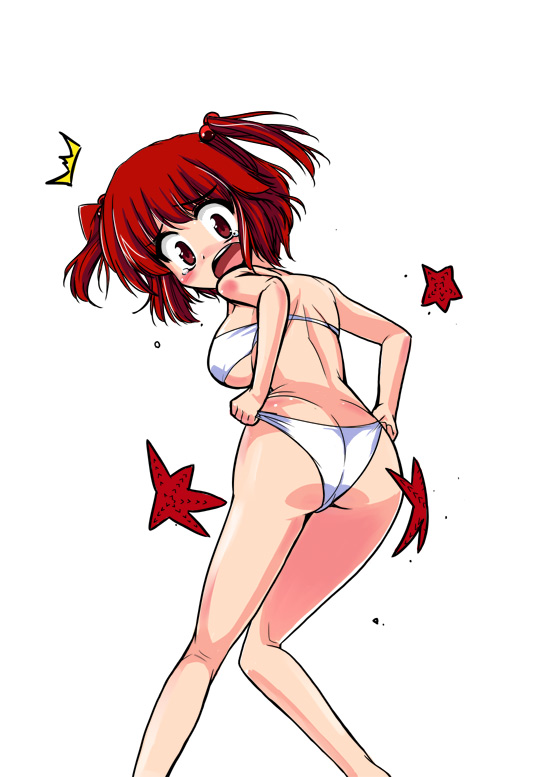kiku hitomoji, tora tooru, toru tooru, onozuka komachi, touhou, 1girl, ass, bikini, blush, breasts, female focus, medium breasts, red eyes, red hair, short hair, solo, starfish, swimsuit, tears, twintails, two side up, underboob, white bikini