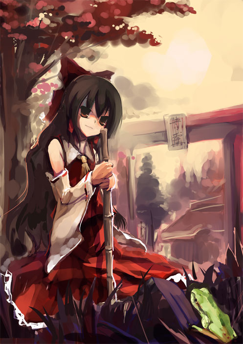 shimadoriru, hakurei reimu, touhou, 1girl, ascot, blouse, broom, detached sleeves, female focus, frog, japanese clothes, long hair, miko, nature, outdoors, plant, red shirt, shirt, sky, sleeveless, sleeveless shirt, solo, torii, very long hair, yellow ascot