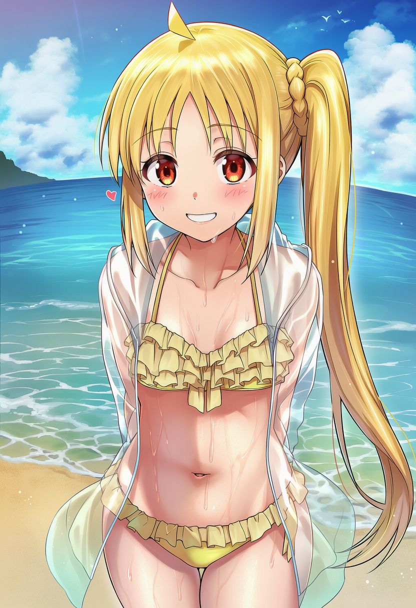 okasa re taii, ijichi nijika, bocchi the rock!, highres, 1girl, ahoge, arms behind back, beach, bikini, blonde hair, blush, breasts, frilled bikini, frills, long hair, looking at viewer, navel, red eyes, see-through clothes, side ponytail, small breasts, smile, swimsuit, water, yellow bikini