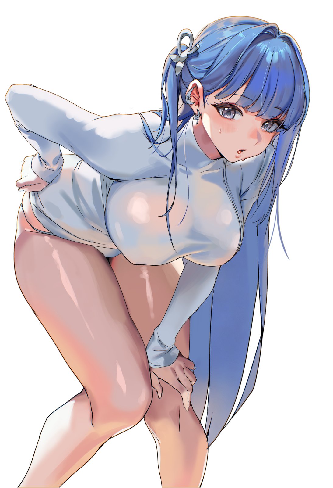 pinkmill, arcana (nikke), goddess of victory: nikke, commentary request, highres, korean commentary, 1girl, blue eyes, blue hair, blush, breasts, earrings, eyelashes, hand on own hip, hand on own knee, jewelry, large breasts, leaning forward, long hair, long sleeves, looking at viewer, panties, parted lips, shiny skin, simple background, solo, sweater, underwear, very long hair, white background, white panties, white sweater