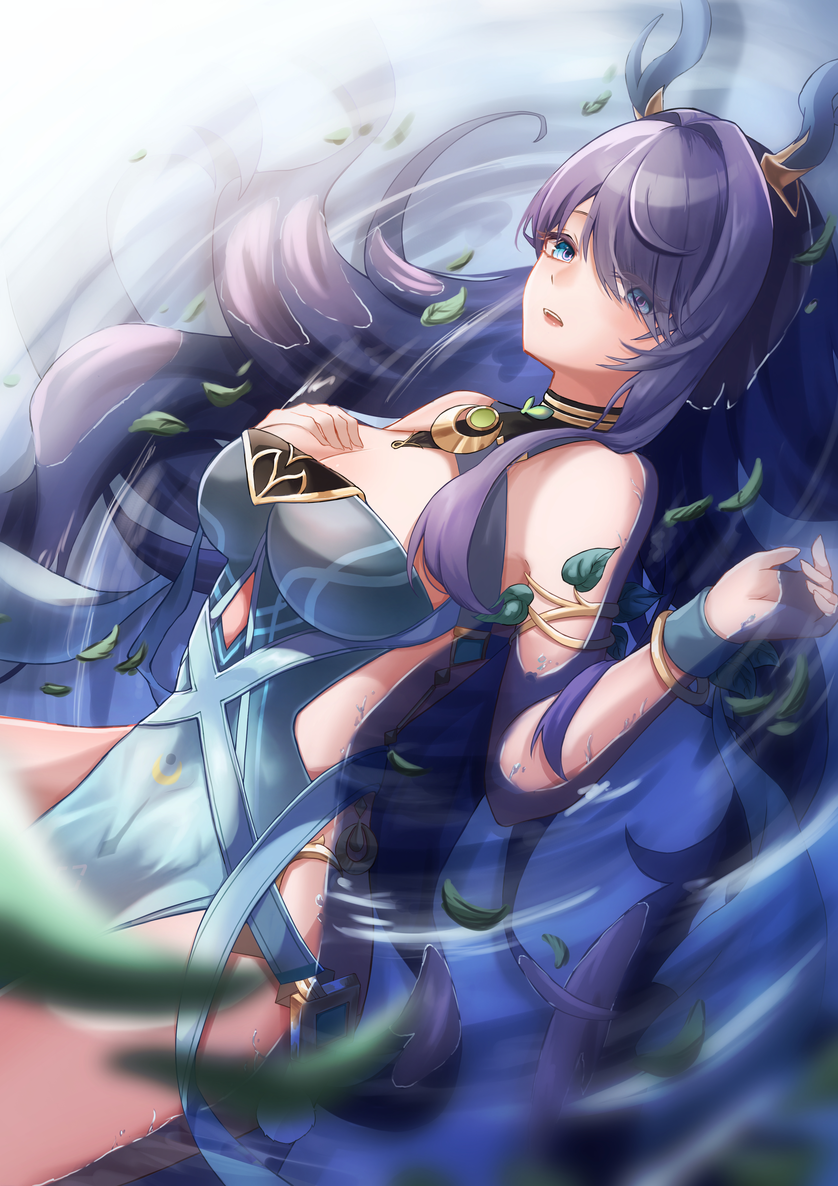lauma (genshin impact), genshin impact, absurdres, highres, 1girl, antlers, blue dress, blue eyes, bracelet, breasts, dress, hand on own chest, horns, jewelry, large breasts, long hair, looking at viewer, lying, mako (cvyt5325), on back, open mouth, purple hair, reindeer antlers, sleeveless, sleeveless dress, solo, very long hair, water, wet