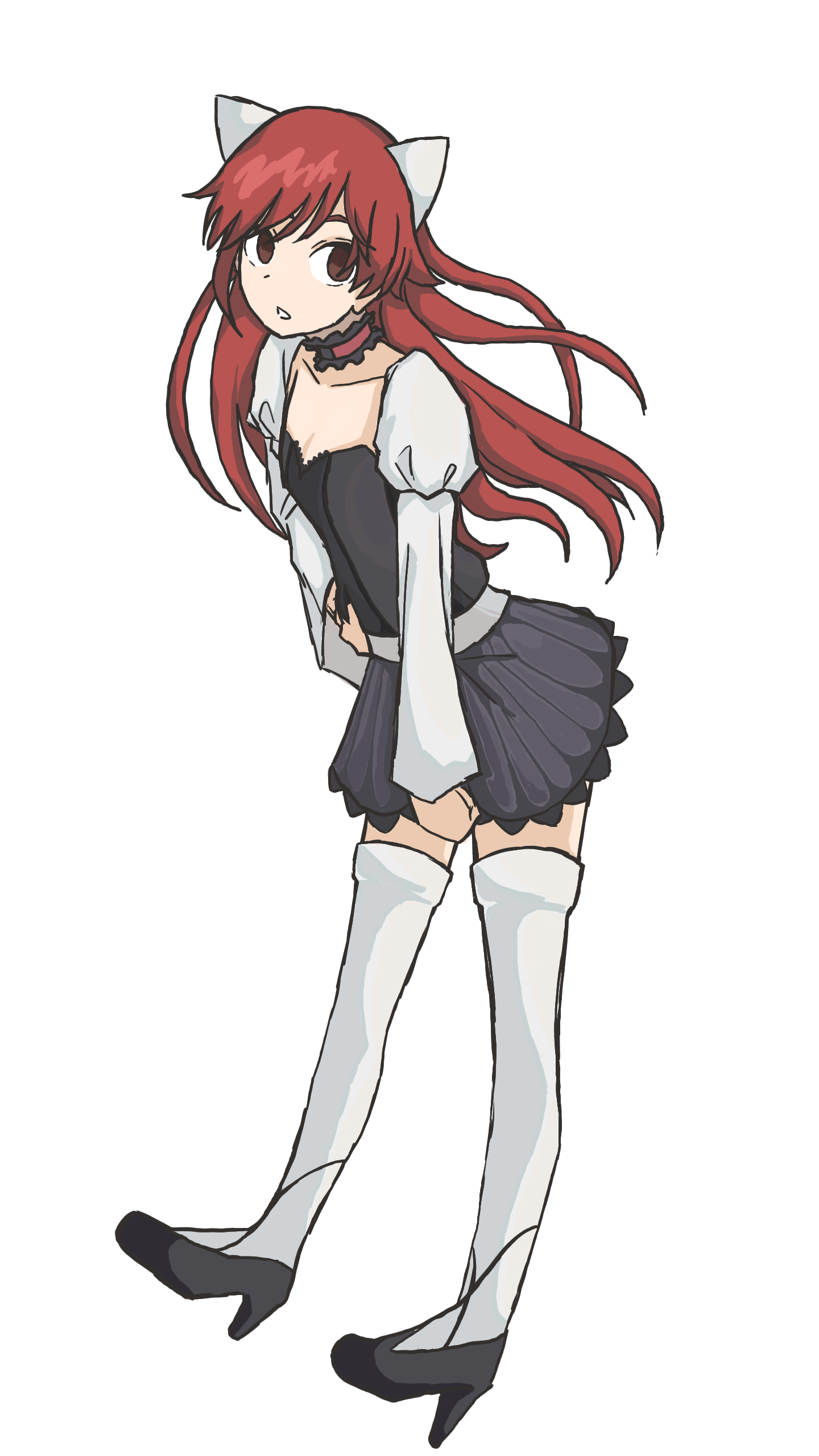 lilim emerada, eight marbles, absurdres, commentary request, highres, 1girl, :o, black bustier, black shoes, black skirt, choker, collarbone, detached sleeves, frilled choker, frills, full body, hand on own hip, high heels, horns, le halo12123232, long hair, long sleeves, looking at viewer, parted lips, pleated skirt, puffy long sleeves, puffy sleeves, red choker, red eyes, red hair, shirt, shoes, simple background, skirt, smile, solo, standing, thighhighs, undershirt, white background, white shirt, white sleeves, white thighhighs