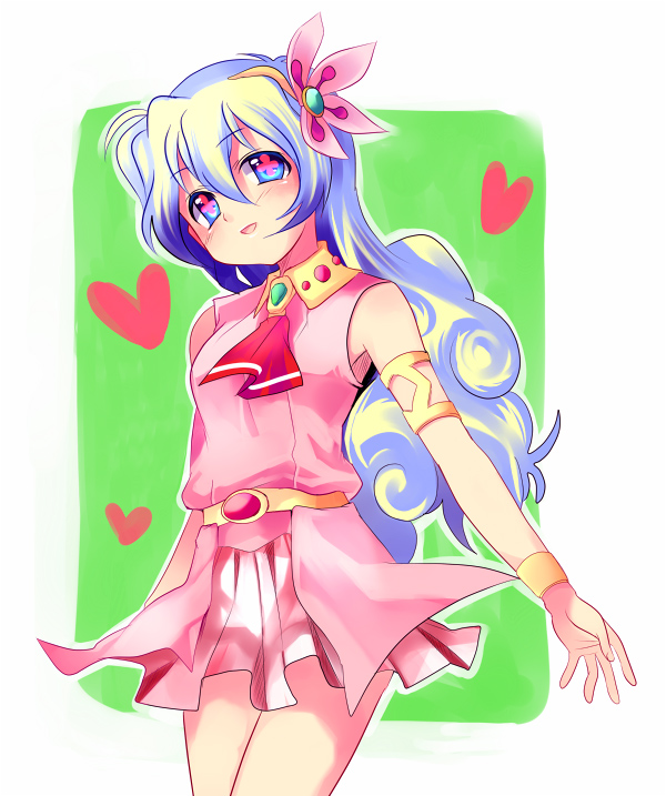 subaru (yachika), nia teppelin, tengen toppa gurren lagann, 00s, 1girl, armlet, blue eyes, blue hair, border, brooch, curly hair, female focus, gem, green gemstone, head tilt, heart, jewelry, long hair, looking at viewer, matching hair/eyes, smile, solo, standing, very long hair
