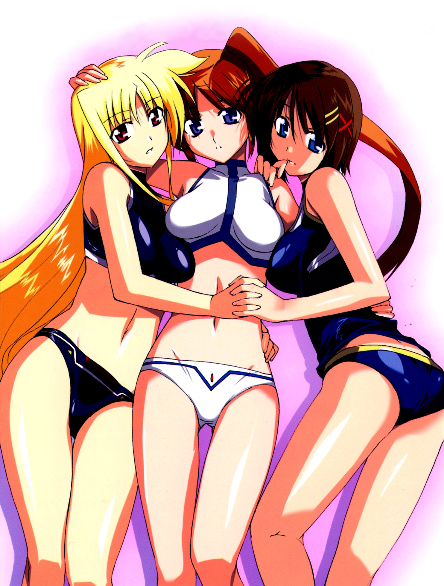 hasegawa kouji, fate testarossa, takamachi nanoha, yagami hayate, lyrical nanoha, mahou shoujo lyrical nanoha strikers, highres, scan, 00s, 3girls, ass, bikini, blonde hair, blush, breasts, cleavage, collarbone, from behind, holding hands, large breasts, long hair, looking at viewer, looking back, midriff, multiple girls, navel, pink background, ponytail, simple background, stomach, swimsuit, very long hair, white bikini