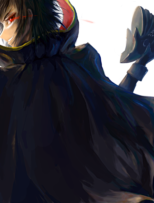lelouch vi britannia, code geass, 00s, 1boy, black cape, black gloves, black hair, cape, clothes writing, from behind, gloves, glowing, glowing eye, grin, holding, holding mask, long sleeves, looking back, male focus, mask, parted lips, profile, red eyes, simple background, smile, solo, teeth, unworn mask, upper body, white background