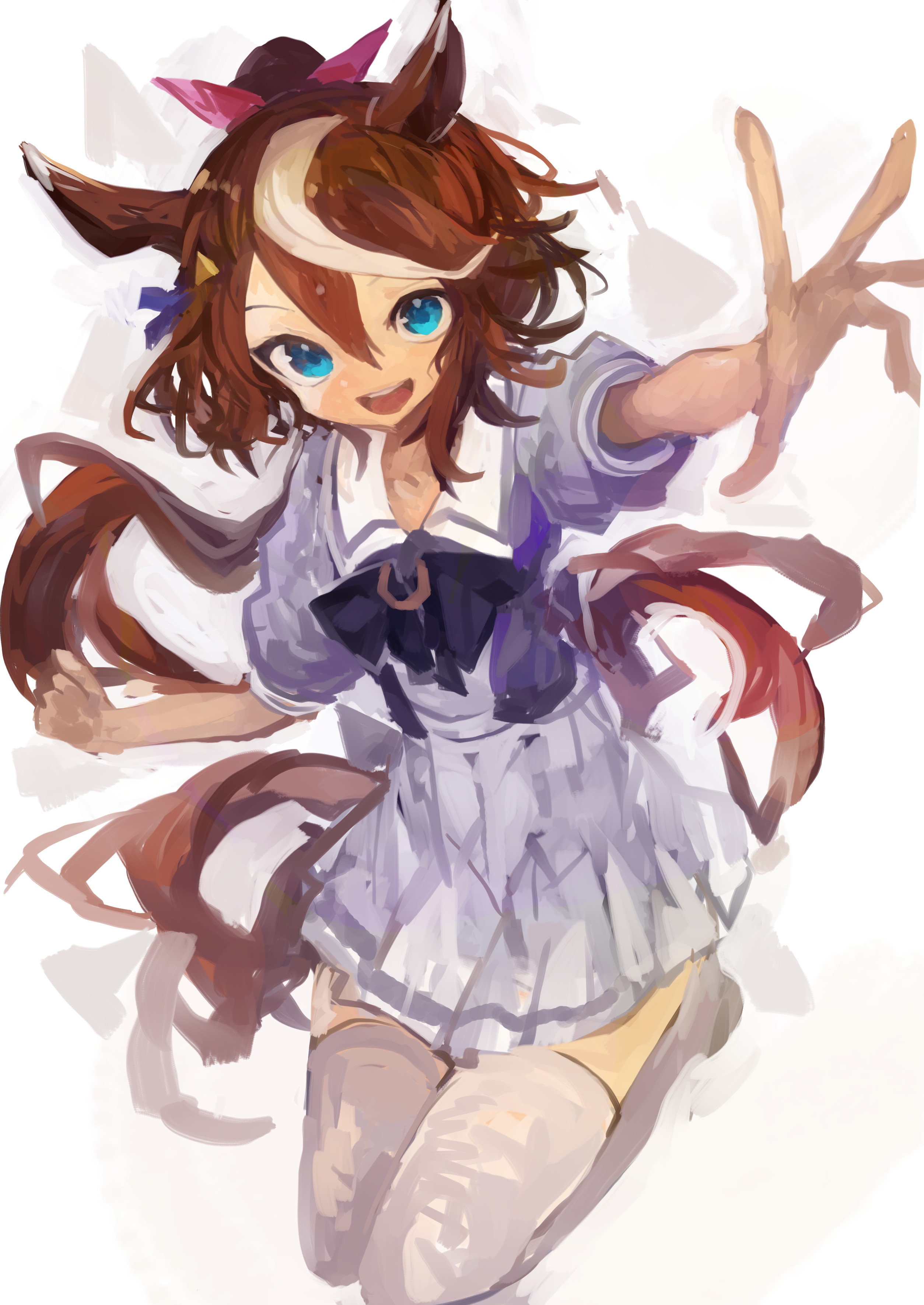 kaamin (mariarose753), tokai teio (umamusume), umamusume, absurdres, commentary, highres, 1girl, animal ears, blue eyes, brown hair, hair ribbon, horse ears, horse girl, horse tail, long hair, looking at viewer, multicolored hair, open mouth, pink ribbon, pleated skirt, ribbon, sailor collar, school uniform, short sleeves, skirt, solo, streaked hair, tail, thighhighs, tracen school uniform, white hair, white sailor collar, white thighhighs