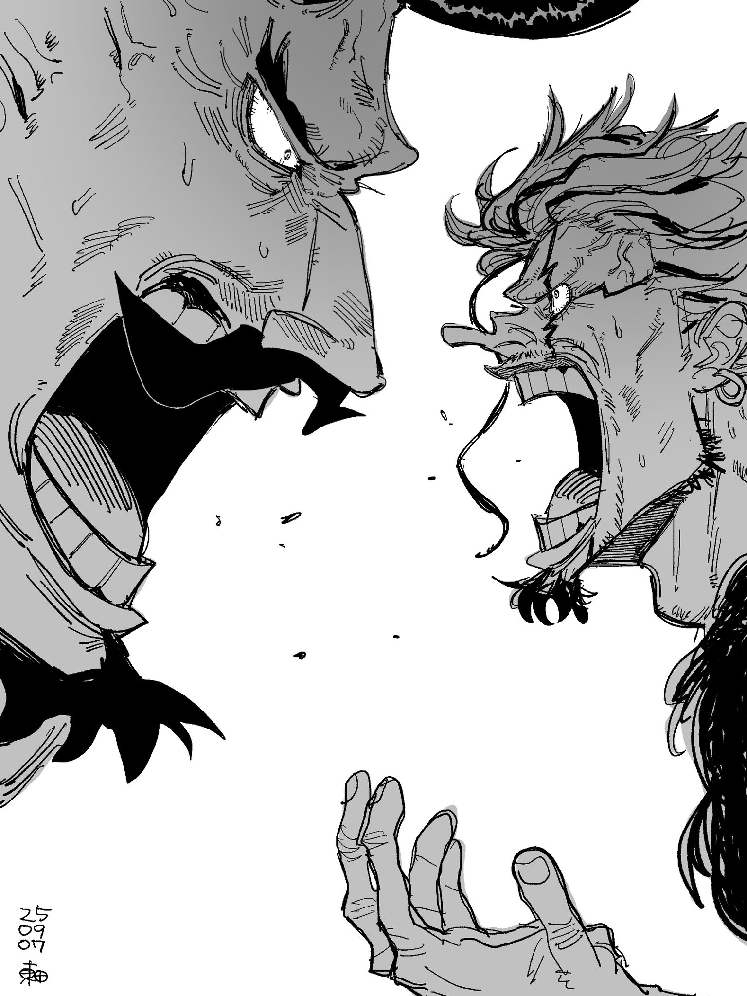 higashida 623, rocks d. xebec, one piece, highres, anger vein, arguing, earrings, facial hair, fur trim, goatee, hand up, harald (one piece), horns, jewelry, long nose, loose hair strand, multicolored hair, mustache, open mouth, shouting, sweat