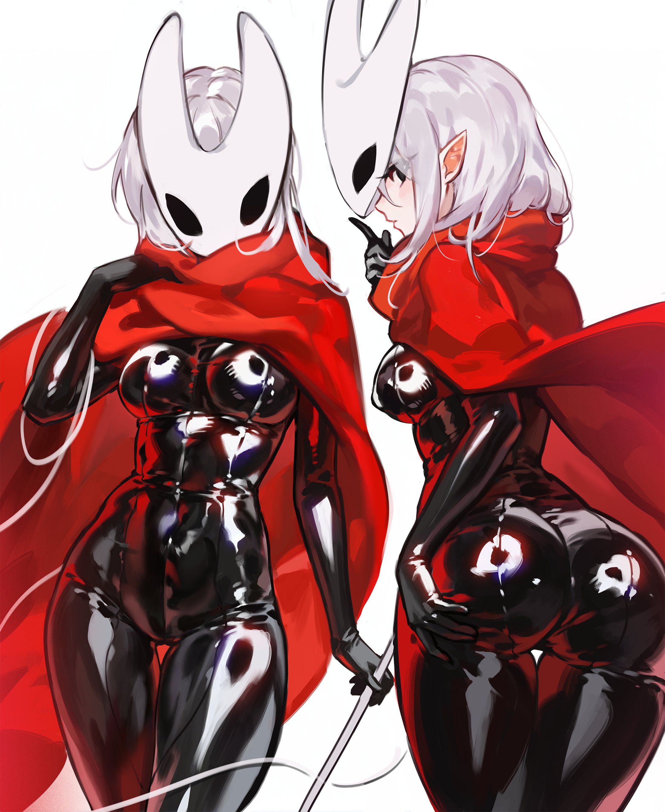 foolish potato, hornet (hollow knight), hollow knight, hollow knight: silksong, absurdres, highres, 1girl, ass, bodysuit, breasts, cloak, hollow eyes, horned mask, humanization, latex, latex bodysuit, mask, medium breasts, red cloak, simple background, solo, thigh gap, white background, white hair, white mask