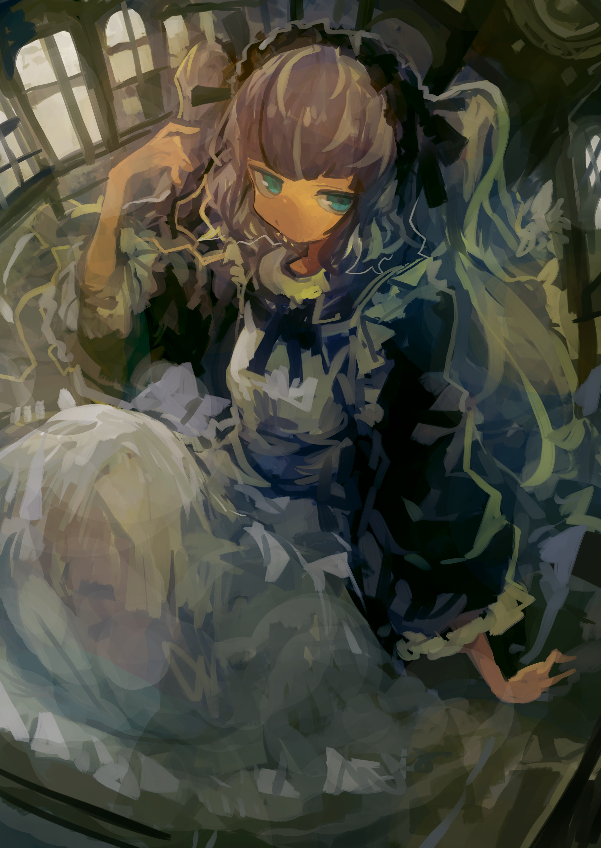 kaamin (mariarose753), original, absurdres, commentary request, highres, 1girl, apron, black dress, black ribbon, blue eyes, closed mouth, dress, frilled apron, frilled dress, frills, grey hair, hair ribbon, hairband, indoors, lolita hairband, long hair, long sleeves, looking at viewer, purple hair, ribbon, sitting, solo, white apron