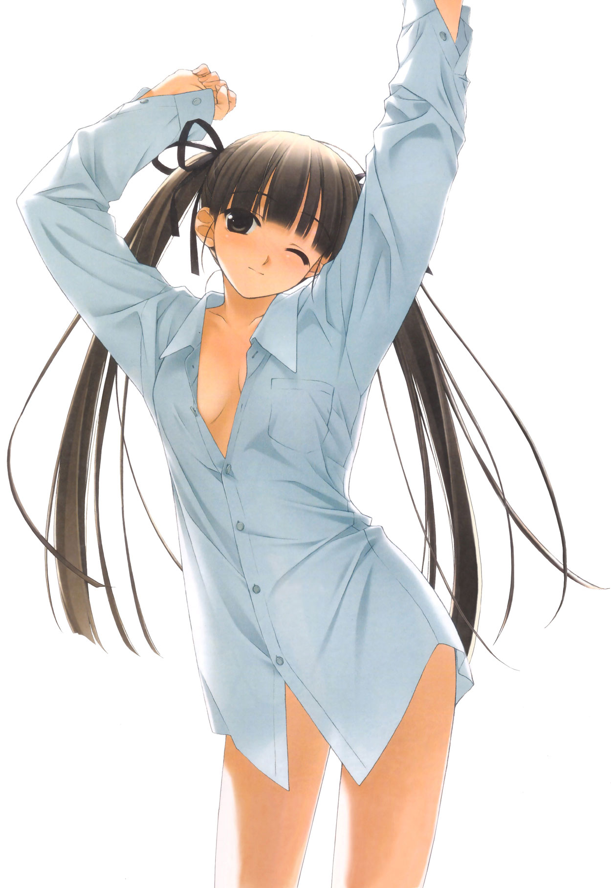 hashimoto takashi, highres, 1girl, arms up, blouse, bottomless, bow, breasts, brown eyes, brown hair, cleavage, cowboy shot, dress shirt, female focus, hair bow, head tilt, long hair, one eye closed, open clothes, open shirt, oversized clothes, shirt, simple background, solo, twintails, white background, white shirt, wink