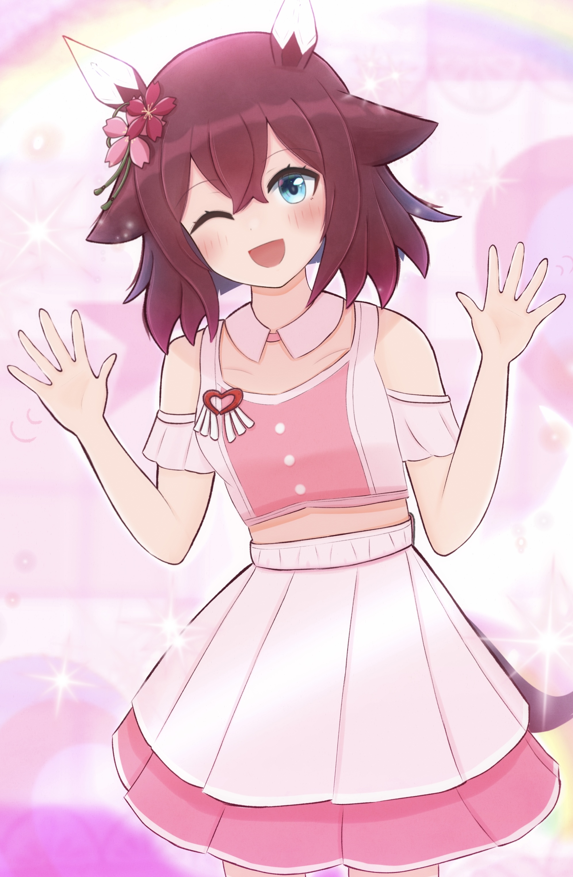 napo (user vktv7727), sakura chiyono o (umamusume), umamusume, absurdres, highres, 1girl, alternate costume, animal ears, blue eyes, blush, breasts, collarbone, flower, hair between eyes, hair flaps, hair flower, hair ornament, horse ears, horse girl, horse tail, medium hair, open mouth, simple background, small breasts, tail