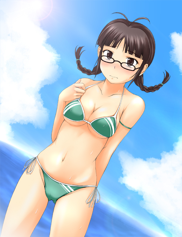 nishi (count2.4), akizuki ritsuko, idolmaster, idolmaster (classic), idolmaster 1, 00s, bikini, braid, day, glasses, green bikini, side-tie bikini bottom, solo, swimsuit, twin braids