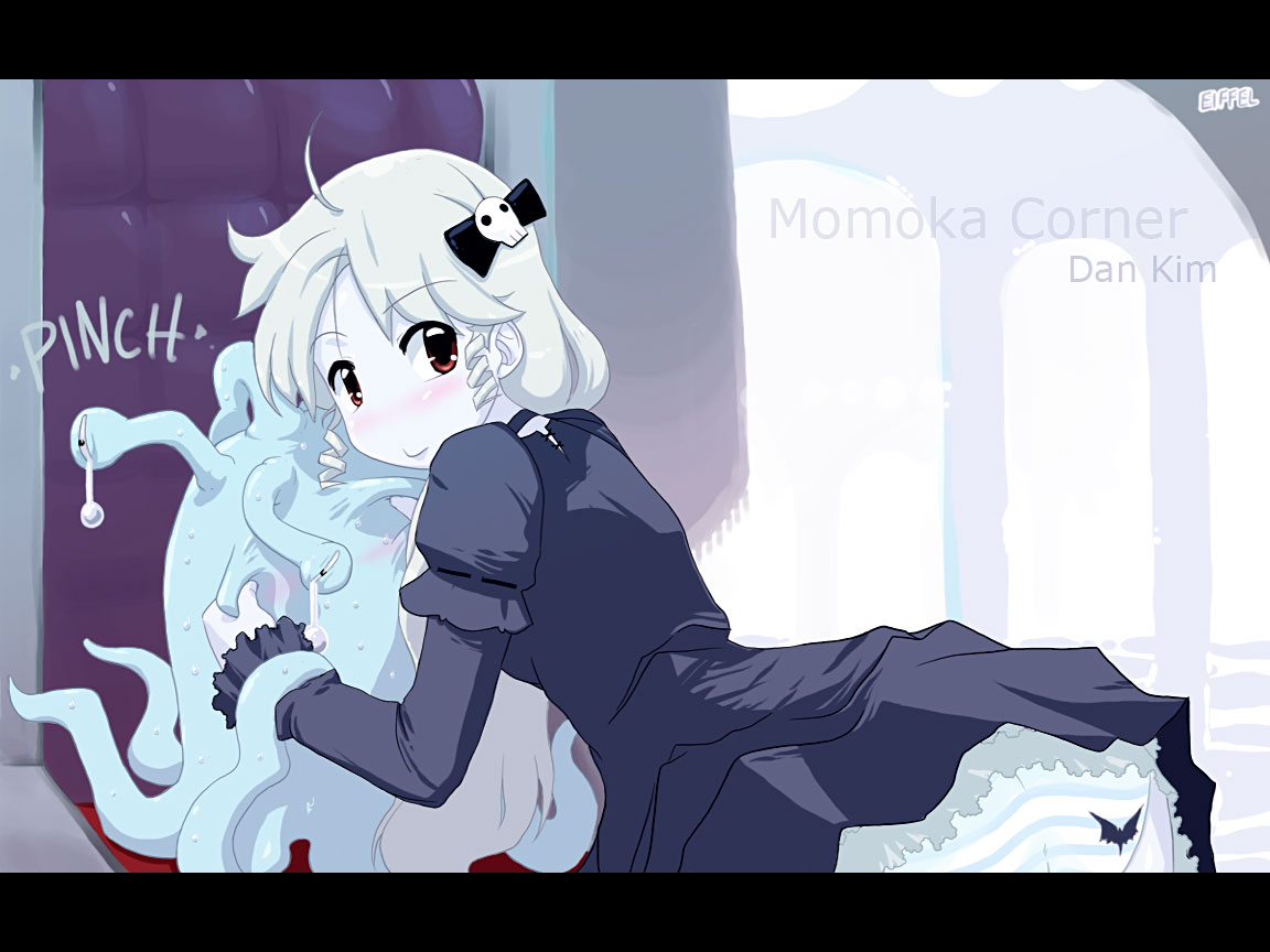 dan kim, eiffel, mopple, mr. mopps, snax, momoka corner, striped, ahoge, bow, hair bow, panties, pantyshot, print panties, red eyes, skull, striped panties, tentacles, underwear