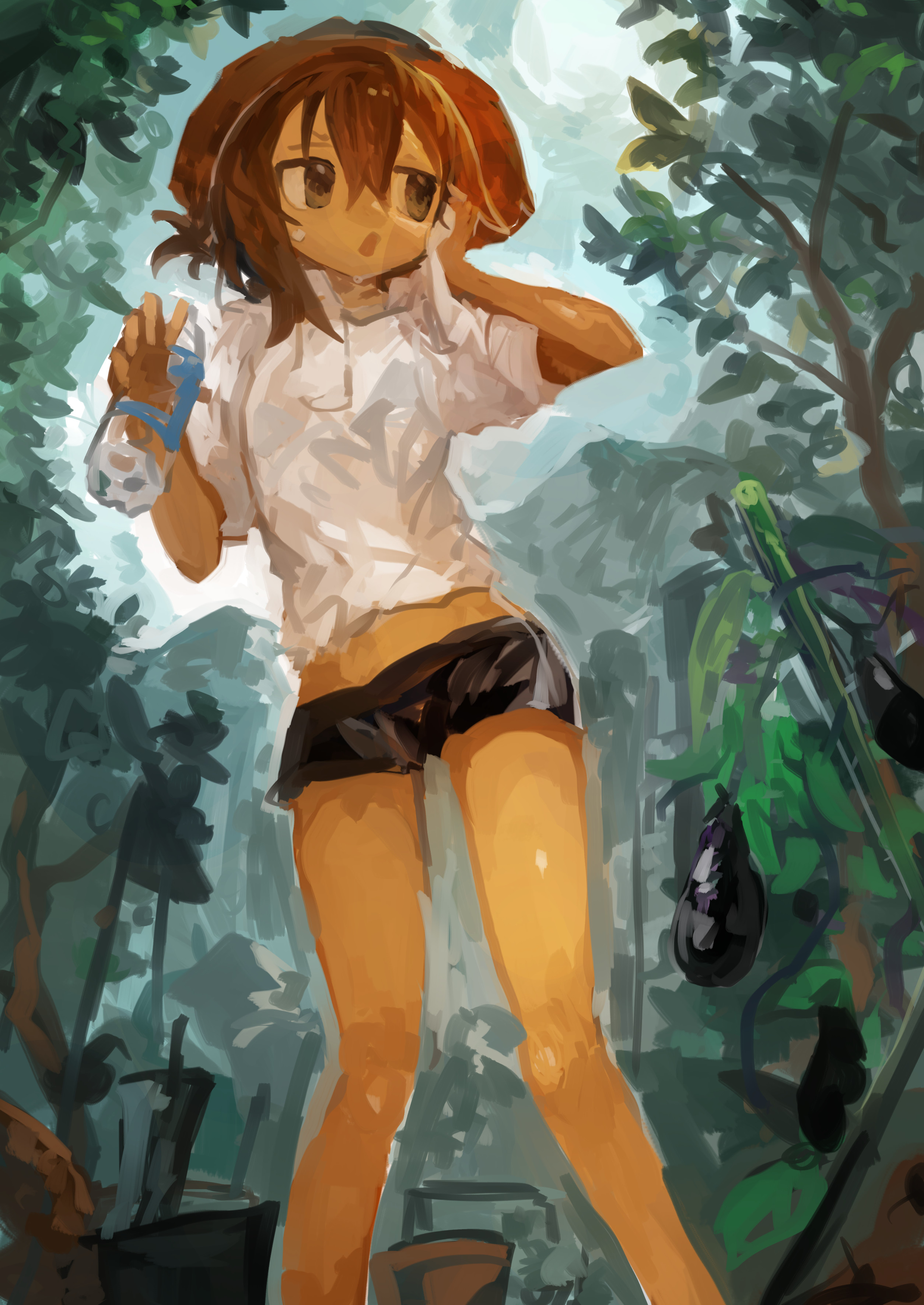 kaamin (mariarose753), inazuma (kancolle), kantai collection, absurdres, commentary request, highres, 1girl, bare legs, black shorts, bottle, brown eyes, brown hair, day, eggplant, hair between eyes, hat, holding, holding bottle, leaf, long legs, outdoors, plant, shirt, short shorts, short sleeves, shorts, solo, standing, sweat, towel, towel around neck, water bottle, white shirt