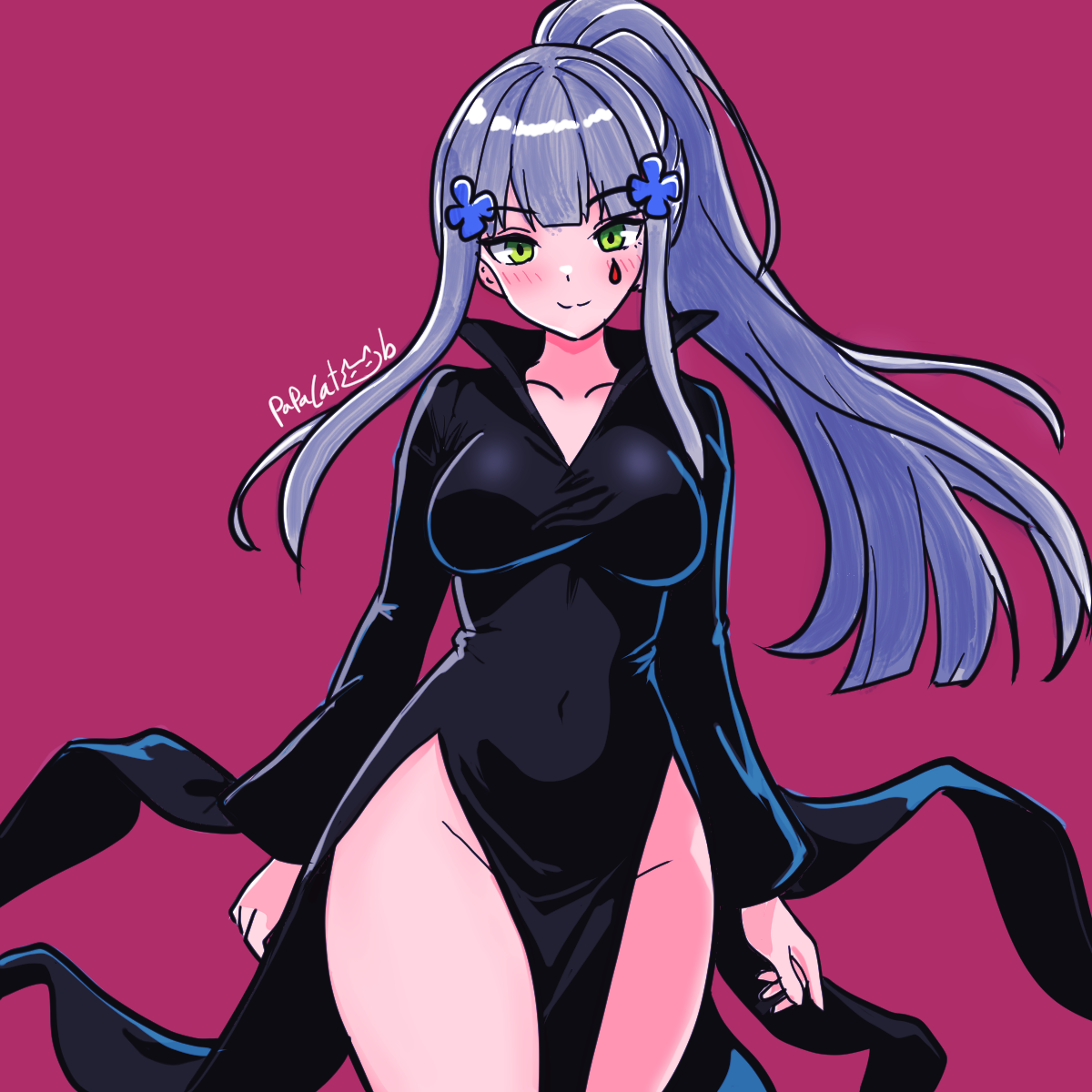papacat, hk416 (girls' frontline), tatsumaki, girls' frontline, one-punch man, commentary, english commentary, highres, 1girl, black dress, blue hair, breasts, clover hair ornament, collared dress, cosplay, covered navel, cowboy shot, dress, floating clothes, green eyes, hair ornament, high ponytail, large breasts, long sleeves, looking at viewer, pelvic curtain, ponytail, sidelocks, smile, tatsumaki (cosplay), teardrop facial mark, wide hips