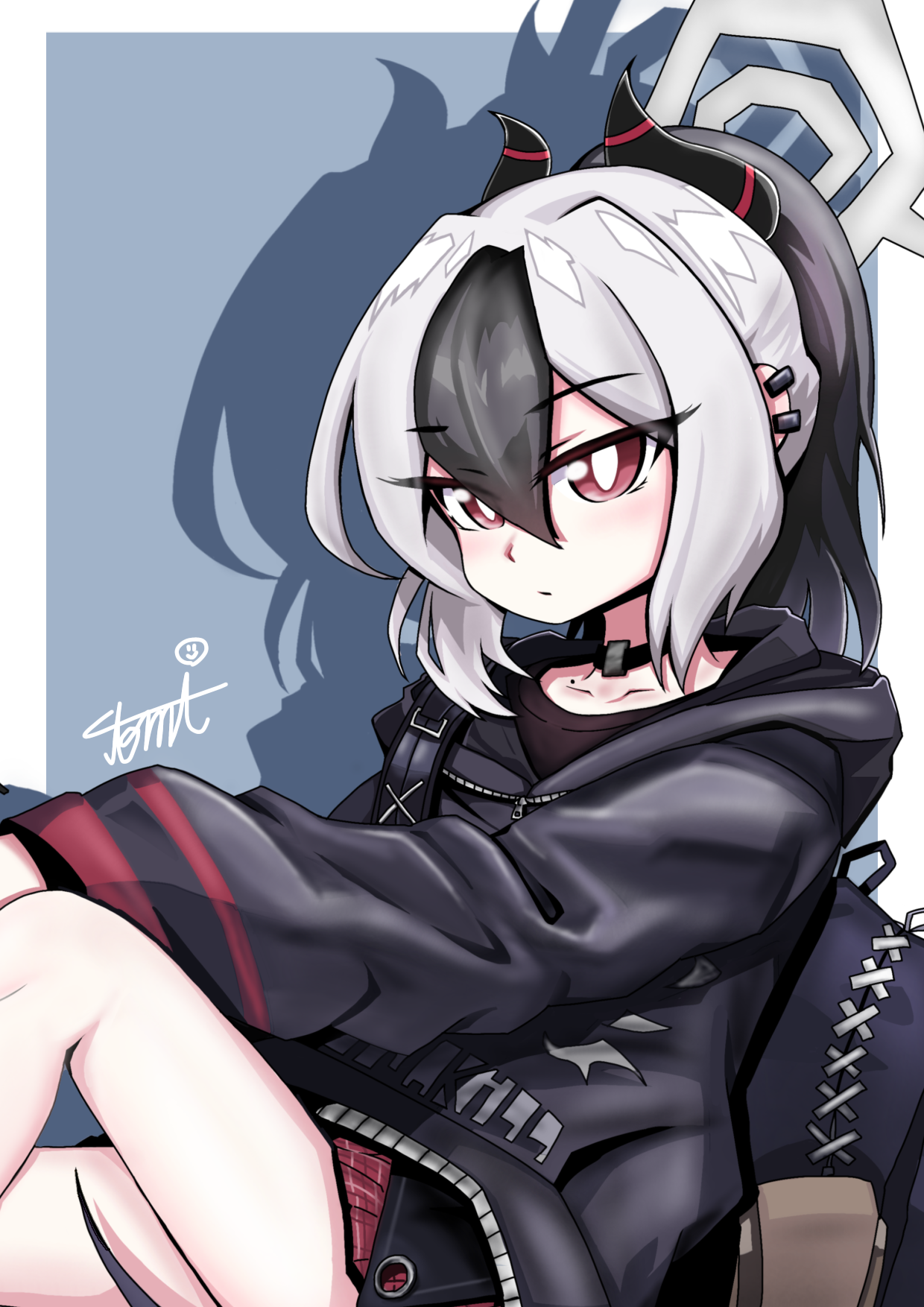 tomimon, kayoko (blue archive), blue archive, commentary request, highres, 1girl, backpack, bag, black hair, black hoodie, border, closed mouth, drop shadow, ear piercing, feet out of frame, grey background, grey hair, hair between eyes, halo, hood, hood down, hoodie, horns, knee up, long sleeves, multicolored hair, piercing, plaid clothes, plaid skirt, pleated skirt, ponytail, red eyes, red skirt, signature, sitting, skirt, solo, two-tone hair, white border