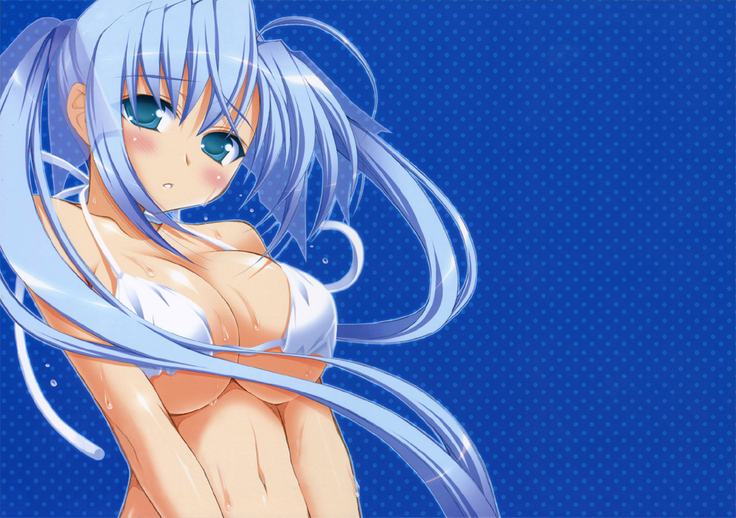 sasahiro, original, 1girl, bikini, bikini top only, breasts, cleavage, female focus, huge breasts, long hair, micro bikini, solo, swimsuit, twintails, underboob, very long hair, wet, white bikini