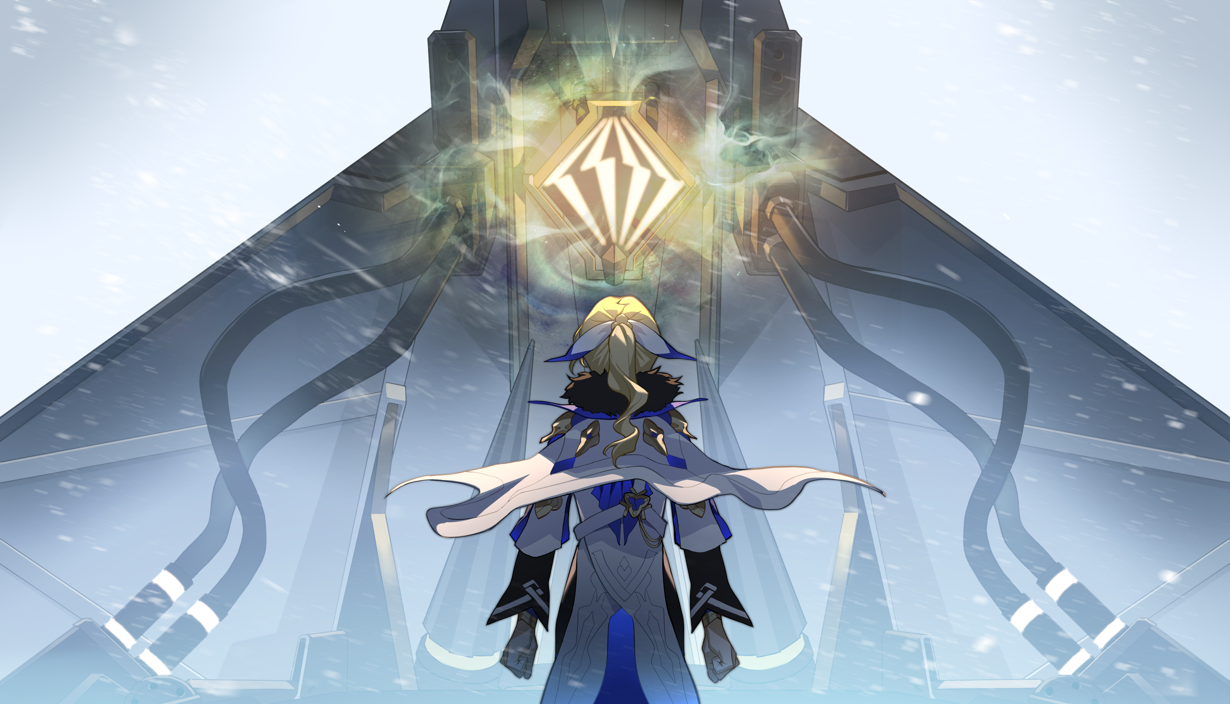 cocolia rand, honkai: star rail, honkai (series), absurdres, bad link, game cg, highres, official art, 1girl, blonde hair, cable, cape, clothing cutout, containment unit, fur-trimmed jacket, fur trim, gloves, hair ribbon, hip vent, jacket, long hair, long sleeves, outdoors, ponytail, ribbon, snow, snowing, solo, white cape, white gloves, white jacket, white ribbon