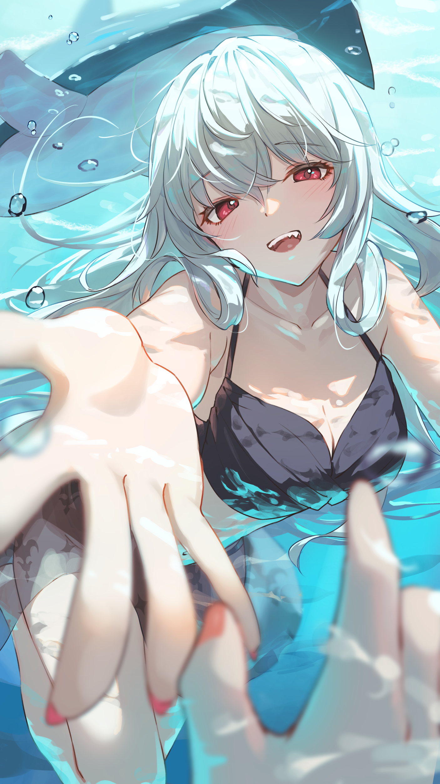 18 yen coin, specter (arknights), arknights, absurdres, highres, 1girl, 1other, :d, bikini, black bikini, breasts, cleavage, long hair, medium breasts, open mouth, pov, pov hands, reaching, reaching towards viewer, red eyes, shark, sharp teeth, smile, swimsuit, teeth, underwater, upper teeth only, white hair