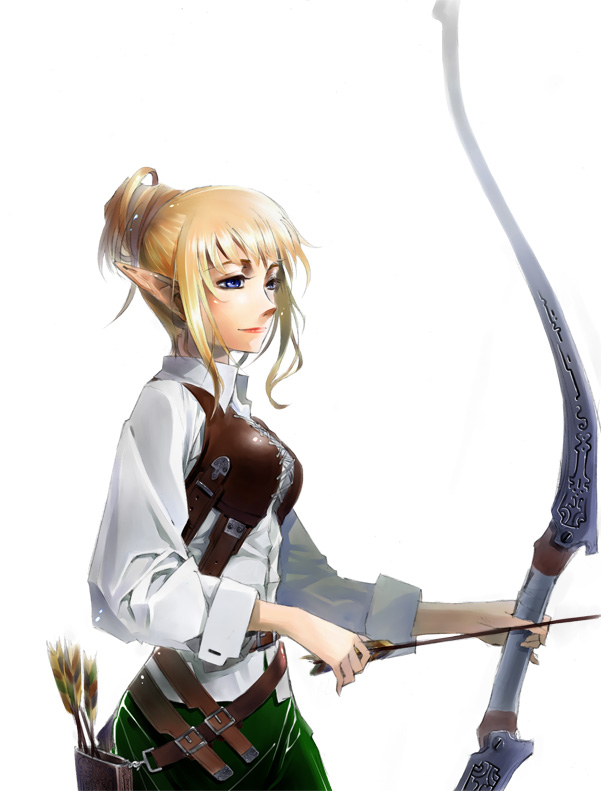 1girl, arrow (projectile), belt, blonde hair, blue eyes, bow (weapon), elf, female focus, hair bun, lipstick, makeup, pointy ears, simple background, single hair bun, solo, weapon