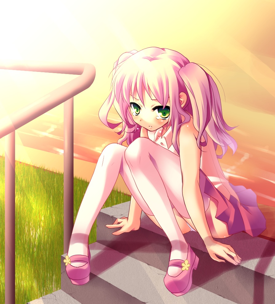 1girl, female focus, grass, green eyes, pink hair, sitting, sitting on stairs, solo, stairs, tears, thighhighs