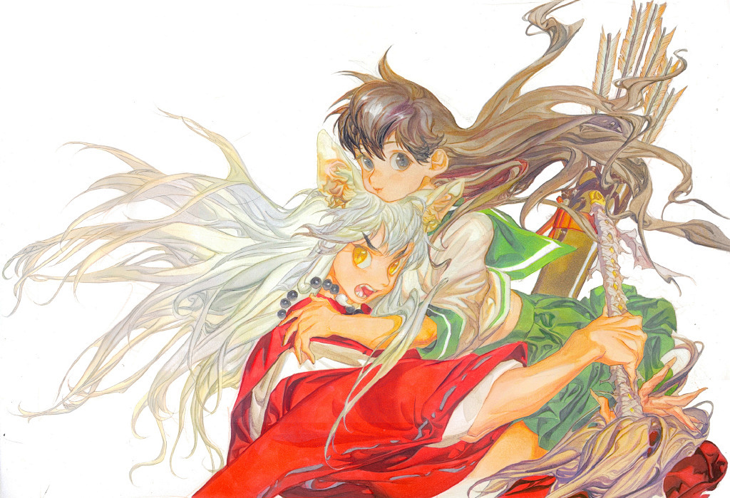 dima, higurashi kagome, inuyasha (character), inuyasha, 1girl, black eyes, brown hair, green skirt, long hair, looking at viewer, open mouth, school uniform, skirt, sword, weapon, white background, white hair, yellow eyes