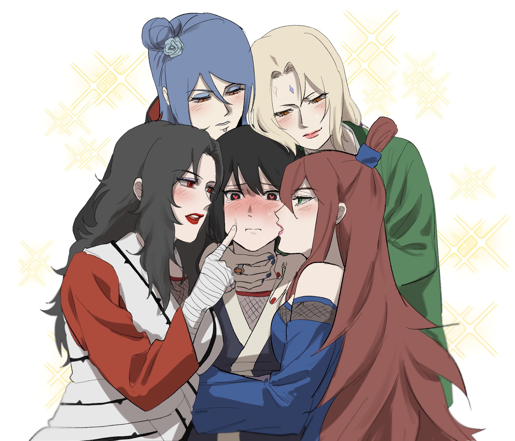 may c, konan (naruto), shizune (naruto), terumi mei, tsunade (naruto), yuuhi kurenai, naruto (series), naruto shippuuden, highres, 5girls, bandaged arm, bandages, black eyes, black hair, blonde hair, blue dress, blue flower, blue hair, blue rose, blush, closed mouth, dress, eyelashes, eyeliner, finger to another's cheek, flower, green eyes, green jacket, hair between eyes, hair flower, hair ornament, harem, heart, heart-shaped pupils, jacket, japanese clothes, jewelry, kimono, long hair, long sleeves, makeup, multiple girls, open mouth, orange eyes, red eyes, red hair, ring, rose, short hair, sweat, symbol-shaped pupils, upper body, yuri