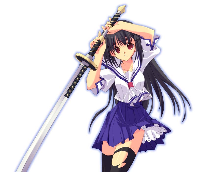 kobayashi chisato, original, 1girl, female focus, long hair, school uniform, serafuku, solo, sword, thighhighs, torn clothes, torn thighhighs, weapon, zettai ryouiki