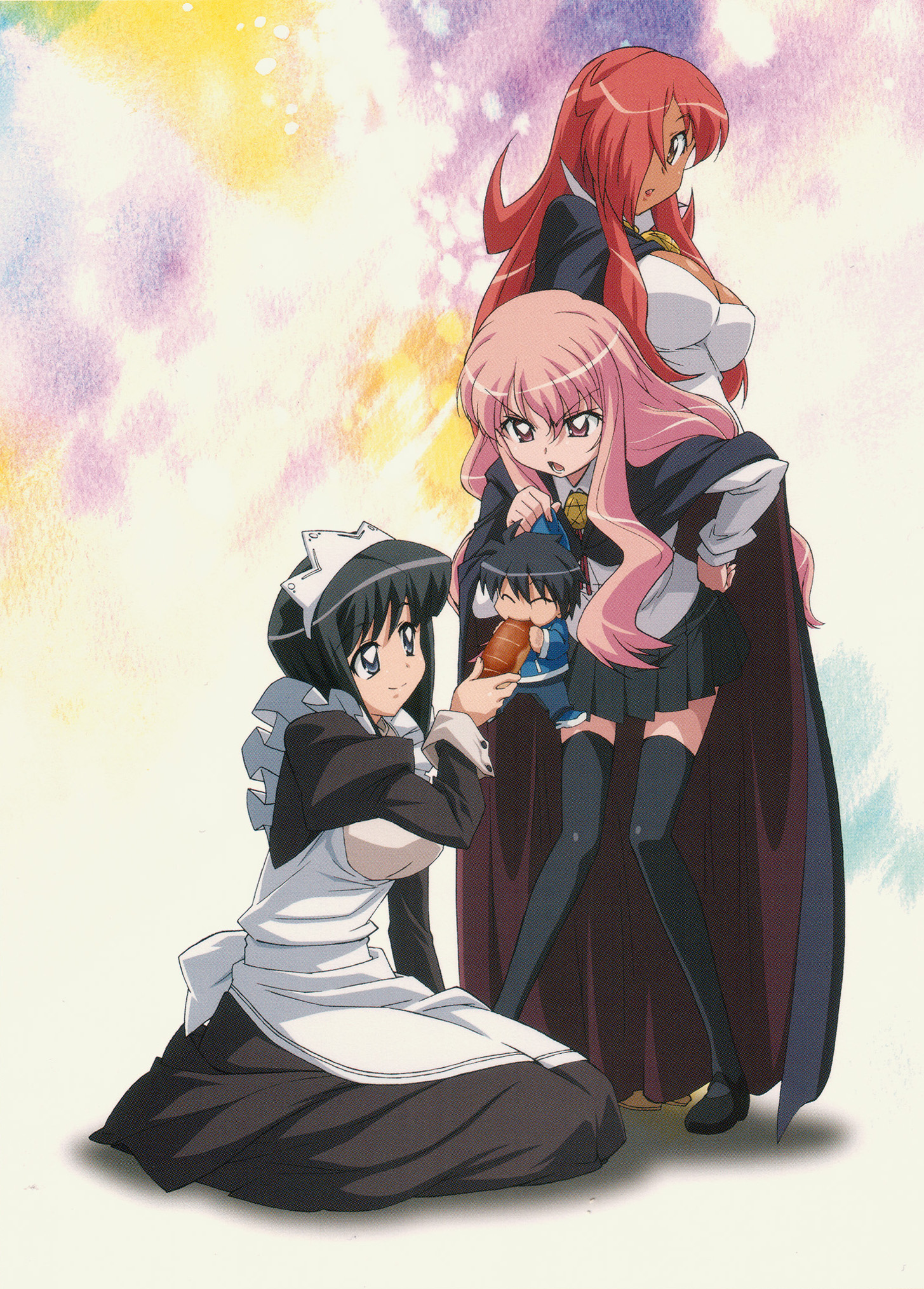 hiraga saito, kirche augusta frederica von anhalt zerbst, louise francoise le blanc de la valliere, siesta (zero no tsukaima), zero no tsukaima, artist request, highres, scan, scan artifacts, 00s, 3girls, dark-skinned female, dark skin, multiple girls, pentacle