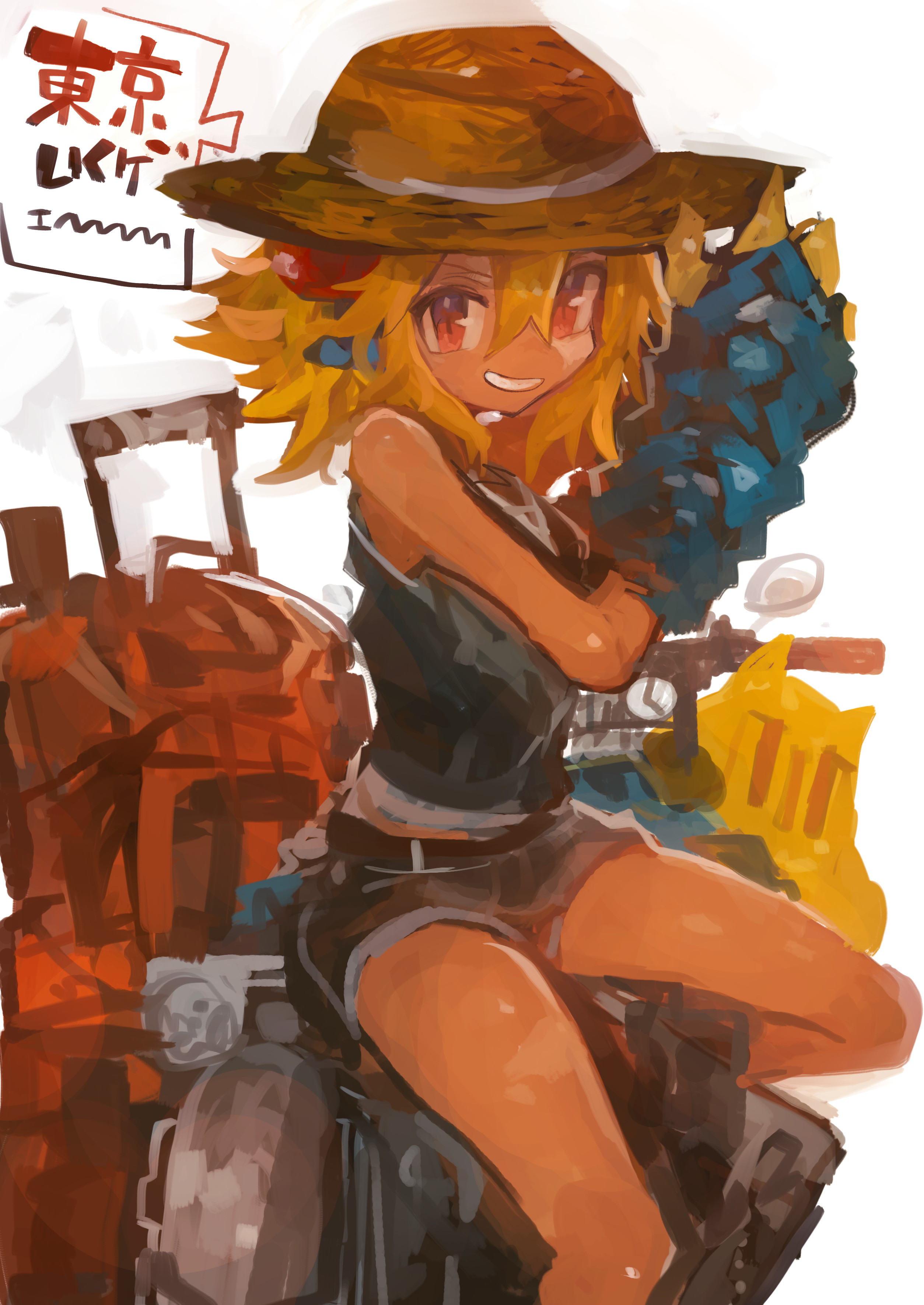 kaamin (mariarose753), tokage (kaamin), original, absurdres, commentary request, highres, translation request, 1girl, black shirt, black shorts, blonde hair, brown hat, claws, grin, hat, looking at viewer, medium hair, red eyes, reptile girl, shirt, short shorts, shorts, sitting, sleeveless, sleeveless shirt, smile, solo, speech bubble