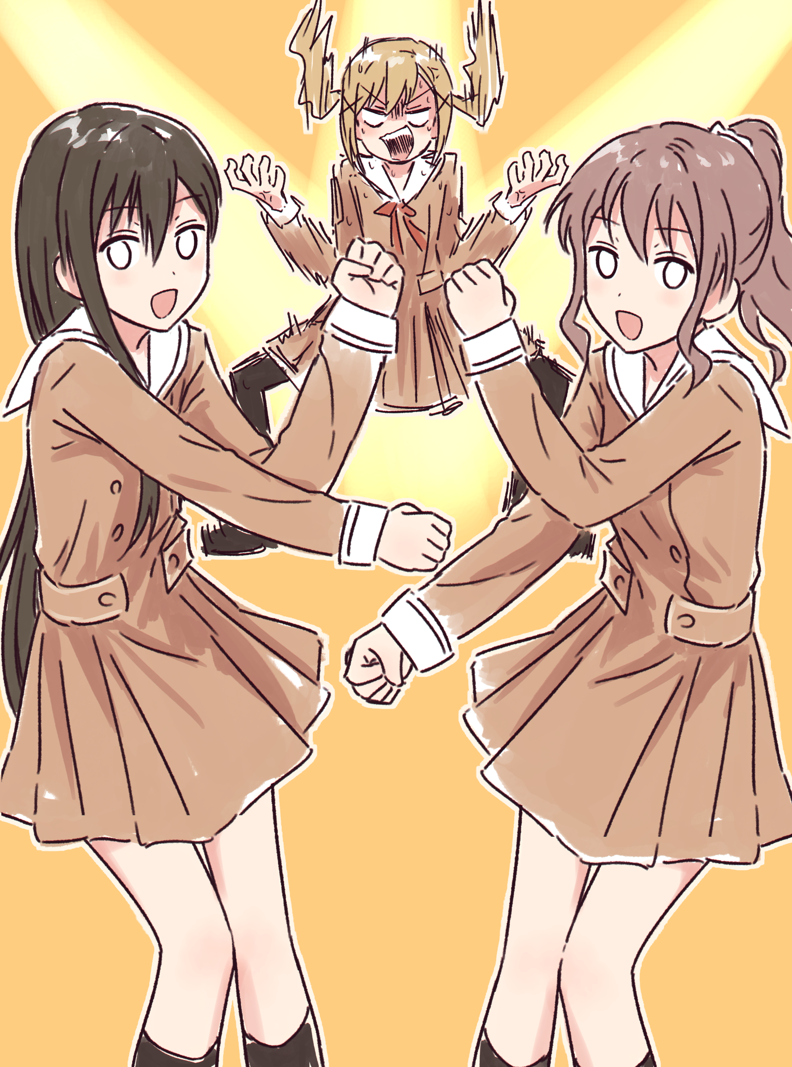 bullfalk, hanazono tae, ichigaya arisa, yamabuki saya, bang dream!, absurdres, commentary, hashtag-only commentary, highres, 0 0, 3girls, :d, angry, black hair, blank eyes, blonde hair, brown dress, brown hair, buttons, clenched hands, double-breasted, dress, feet out of frame, floating, hanasakigawa school uniform, long hair, long sleeves, looking at viewer, medium hair, multiple girls, neck ribbon, open mouth, orange background, ponytail, red ribbon, ribbon, sailor collar, sailor dress, school uniform, short dress, sidelocks, single sidelock, sleeve cuffs, smile, spotlight, standing, straight hair, teeth, twintails, v-shaped eyebrows, v-shaped eyes, wavy hair, white sailor collar, winter uniform