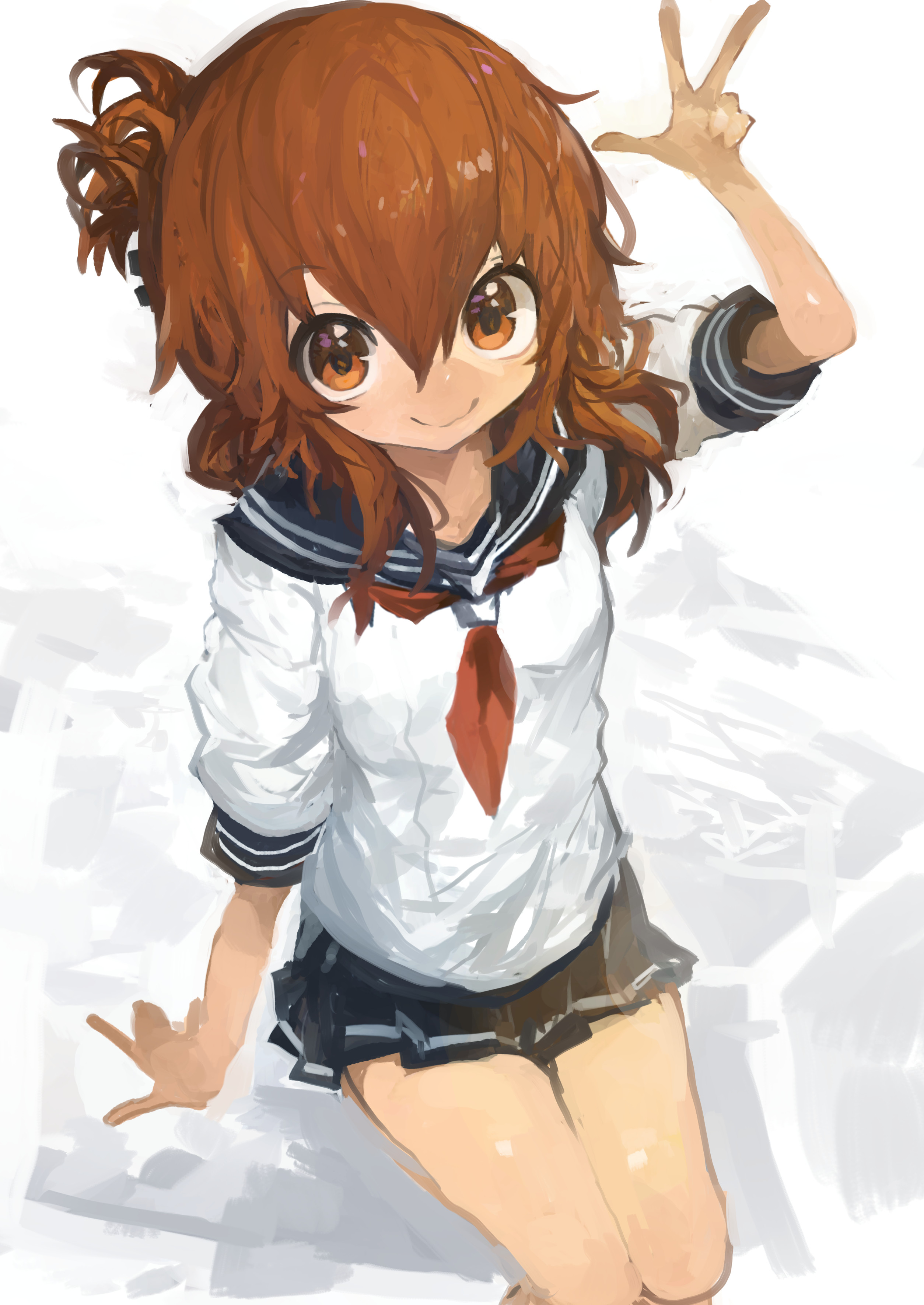 kaamin (mariarose753), inazuma (kancolle), kantai collection, absurdres, commentary, highres, 1girl, black sailor collar, black skirt, brown eyes, brown hair, folded ponytail, hair between eyes, looking at viewer, miniskirt, neckerchief, pleated skirt, red neckerchief, sailor collar, school uniform, serafuku, simple background, sitting, skirt, smile, solo, w