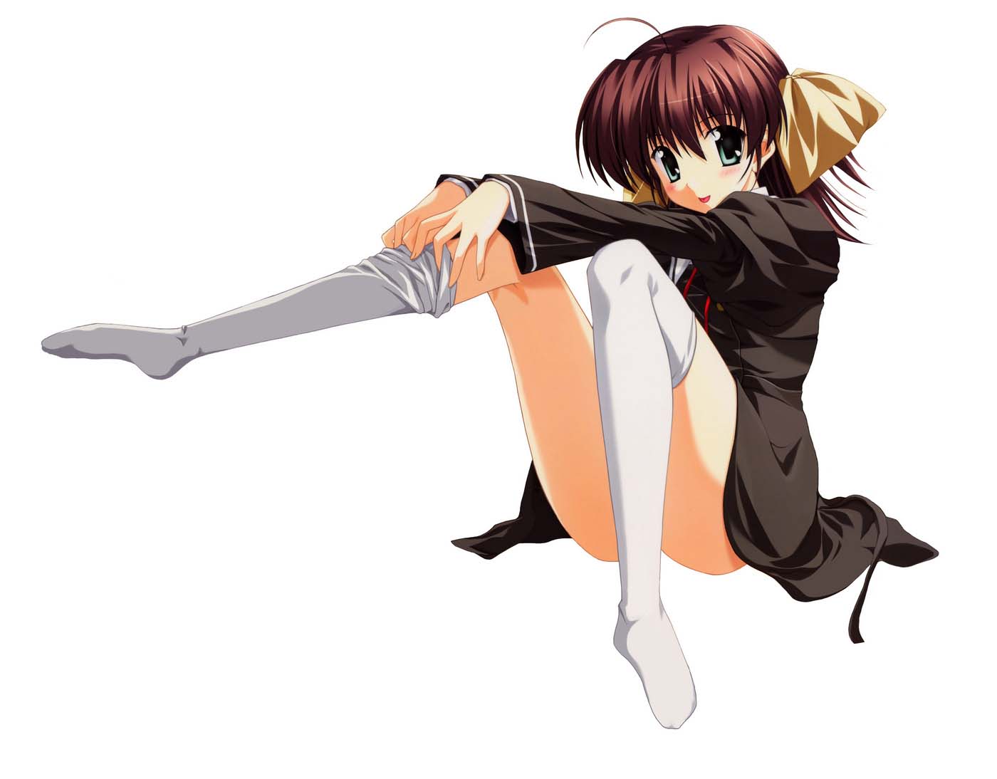 nanao naru, miyamura miyako, ef (visual novel), toe-point, 00s, :p, ahoge, blush, brown hair, feet, green eyes, legs, looking at viewer, no shoes, ribbon, school uniform, sitting, socks, solo, thighhighs, thighs, tongue, tongue out, white thighhighs