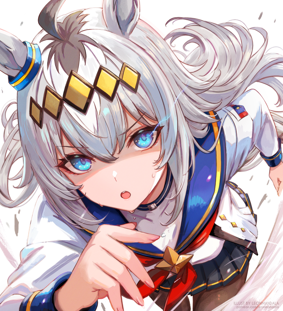 leonmandala, oguri cap (umamusume), umamusume, umamusume: cinderella gray, commentary, 1girl, ahoge, animal ears, black skirt, blue eyes, blue sailor collar, brooch, brown pantyhose, ear ornament, grey hair, grey tail, hair between eyes, hair ornament, hairband, horse ears, horse girl, horse tail, jewelry, long hair, long sleeves, looking at viewer, multicolored hair, neckerchief, oguri cap (starlight beat) (umamusume), open mouth, pantyhose, pleated skirt, red neckerchief, running, sailor collar, shirt, skirt, solo, star brooch, sweat, tail, white shirt