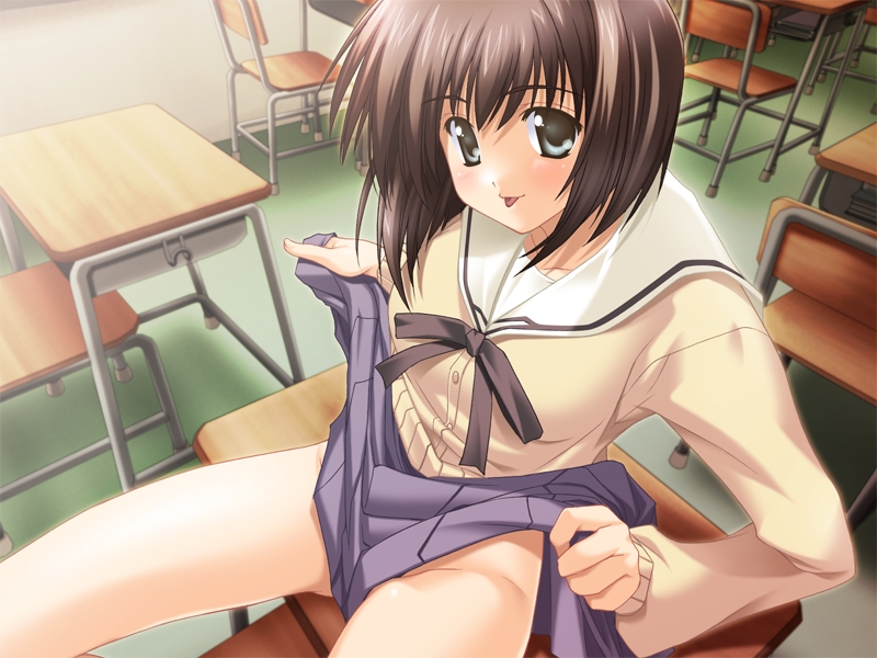 goma satoshi, koga tsubame, oshiete miko sensei, game cg, 1girl, classroom, clothes lift, desk, female focus, indoors, no panties, school, school desk, school uniform, serafuku, skirt, skirt lift, solo, tongue