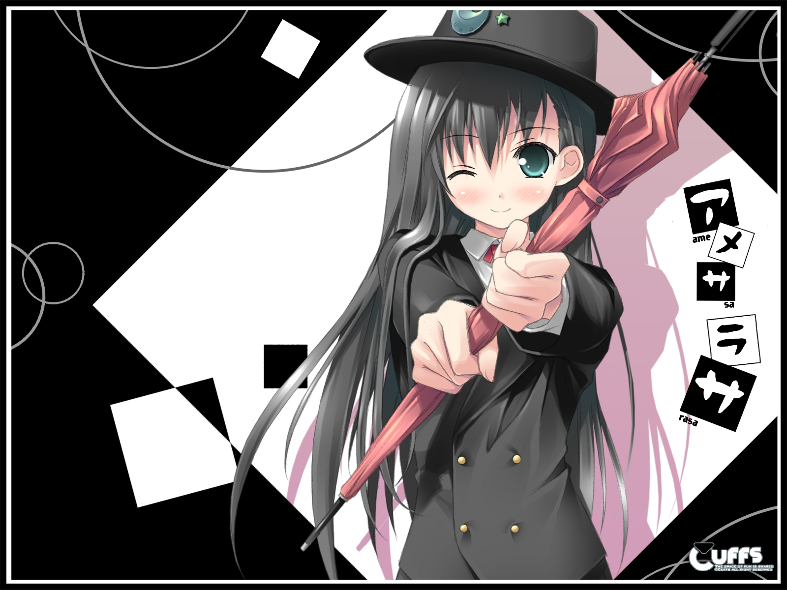 kantoku, chiyokawa rin, amesarasa, highres, 1girl, closed umbrella, female focus, hat, one eye closed, solo, umbrella, wink
