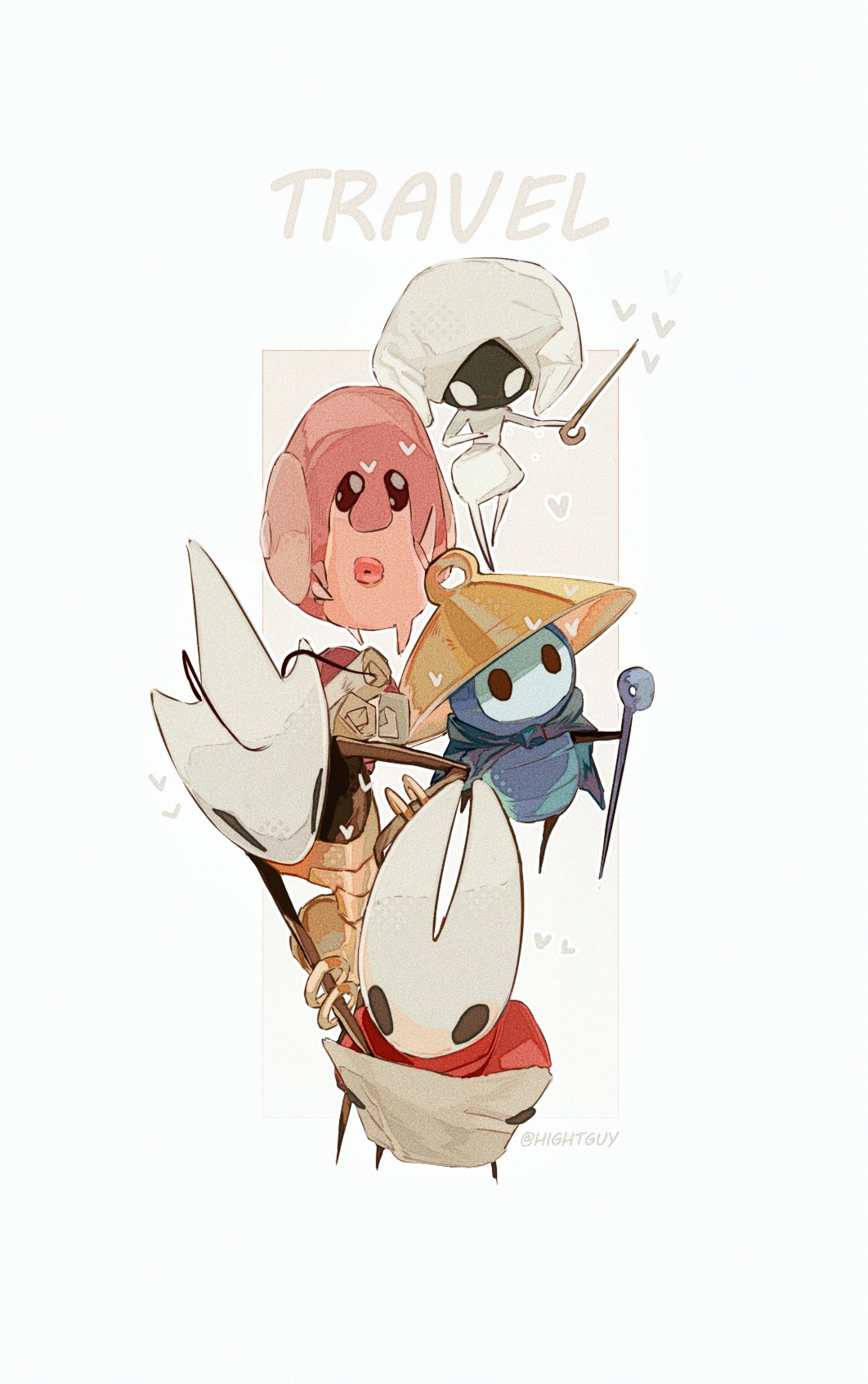 hightguy, hornet (hollow knight), lace (hollow knight), hollow knight, character request, chinese commentary, commentary request, highres, 1boy, 3girls, artist name, black cape, bodysuit, border, bracelet, brown hat, cape, cloak, english text, film grain, from above, full body, gold bracelet, grey background, halftone, hand on own hip, hat, heart, holding, holding map, hollow eyes, horns, jewelry, map, multiple girls, no mouth, outside border, pin (hollow knight), red cloak, shakra (hollow knight), sherma (hollow knight), simple background, standing, white bodysuit, white border