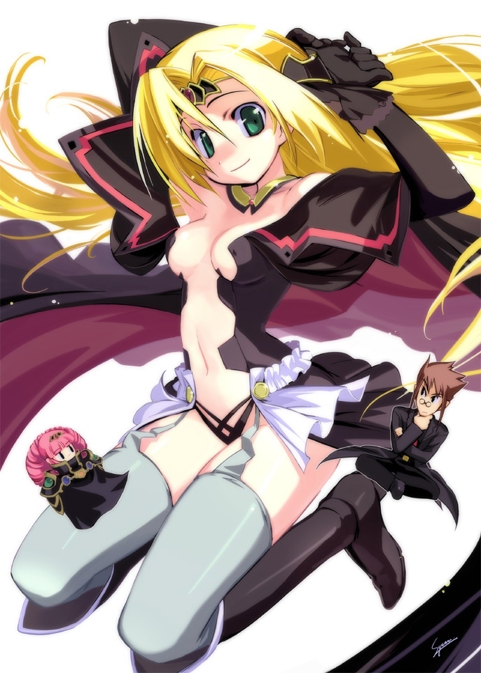 sumaki shungo, doctor herunaito, heruo, kirissa, level justice, 1boy, 2girls, blonde hair, green eyes, jewelry, long hair, multiple girls, necklace, thighhighs