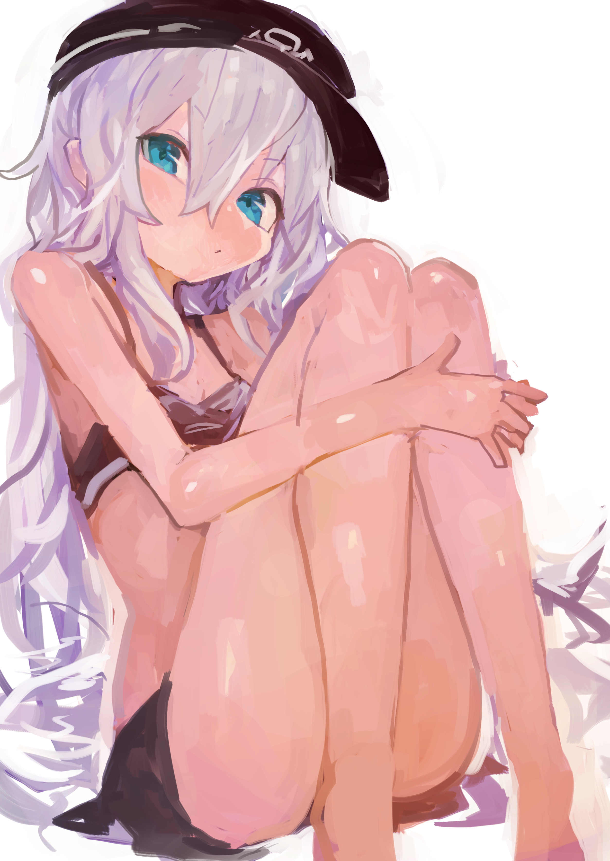 kaamin (mariarose753), hibiki (kancolle), kantai collection, absurdres, commentary, highres, 1girl, bare legs, barefoot, bikini, bikini skirt, black bikini, black hat, blue eyes, breasts, closed mouth, flat cap, hair between eyes, hat, hugging own legs, long hair, simple background, sitting, small breasts, solo, swimsuit, very long hair, white background, white hair