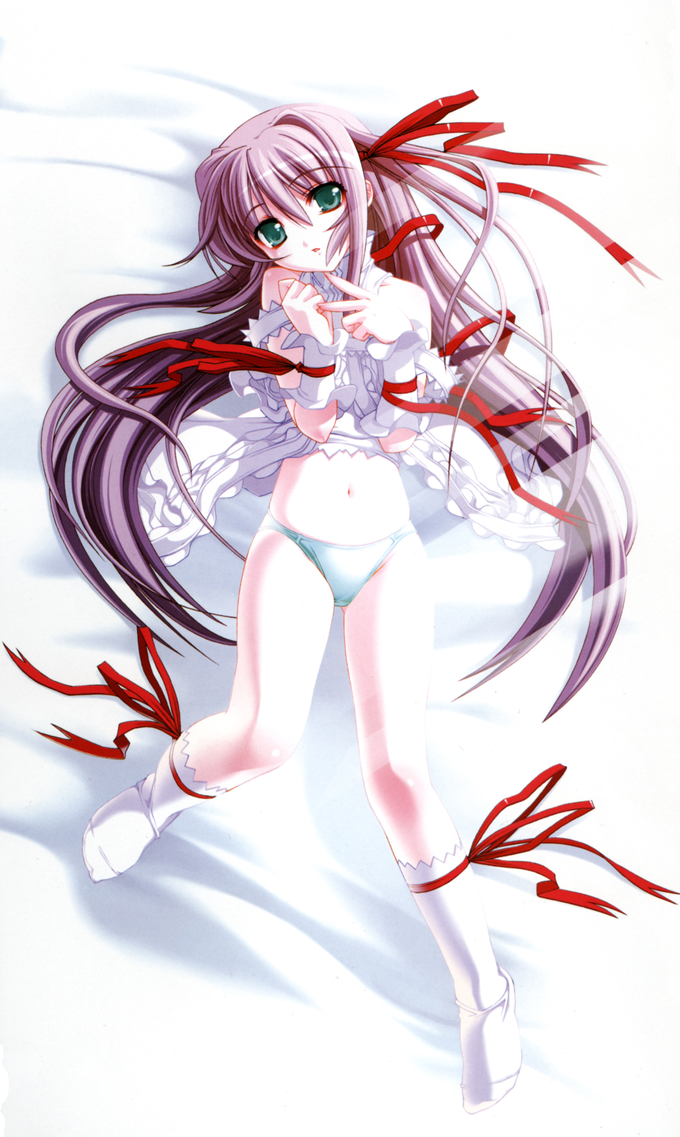 nishii (damnedrive), al azif (demonbane), demonbane, absurdres, highres, 00s, 1girl, bed, bottomless, dress, female focus, green eyes, green panties, hair ribbon, legs, long hair, navel, open clothes, open dress, panties, purple hair, ribbon, socks, solo, underwear
