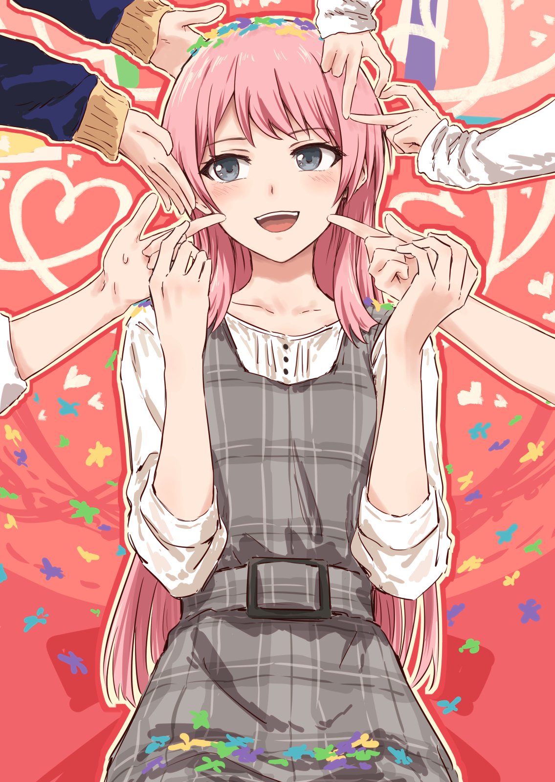 bullfalk, chihaya anon, kaname raana, nagasaki soyo, shiina taki, takamatsu tomori, bang dream!, bang dream! it's mygo!!!!!, commentary, hashtag-only commentary, highres, 5girls, :d, blue jacket, cheek poking, collarbone, dress, grey dress, grey eyes, jacket, long hair, multiple girls, mygo!!!!! (bang dream!), open mouth, out of frame, outline, pinafore dress, pink hair, plaid clothes, plaid dress, poking, red background, shirt, sleeveless, sleeveless dress, sleeves past wrists, smile, solo focus, sweatdrop, sweater, three-quarter sleeves, white outline, white shirt, yellow sweater