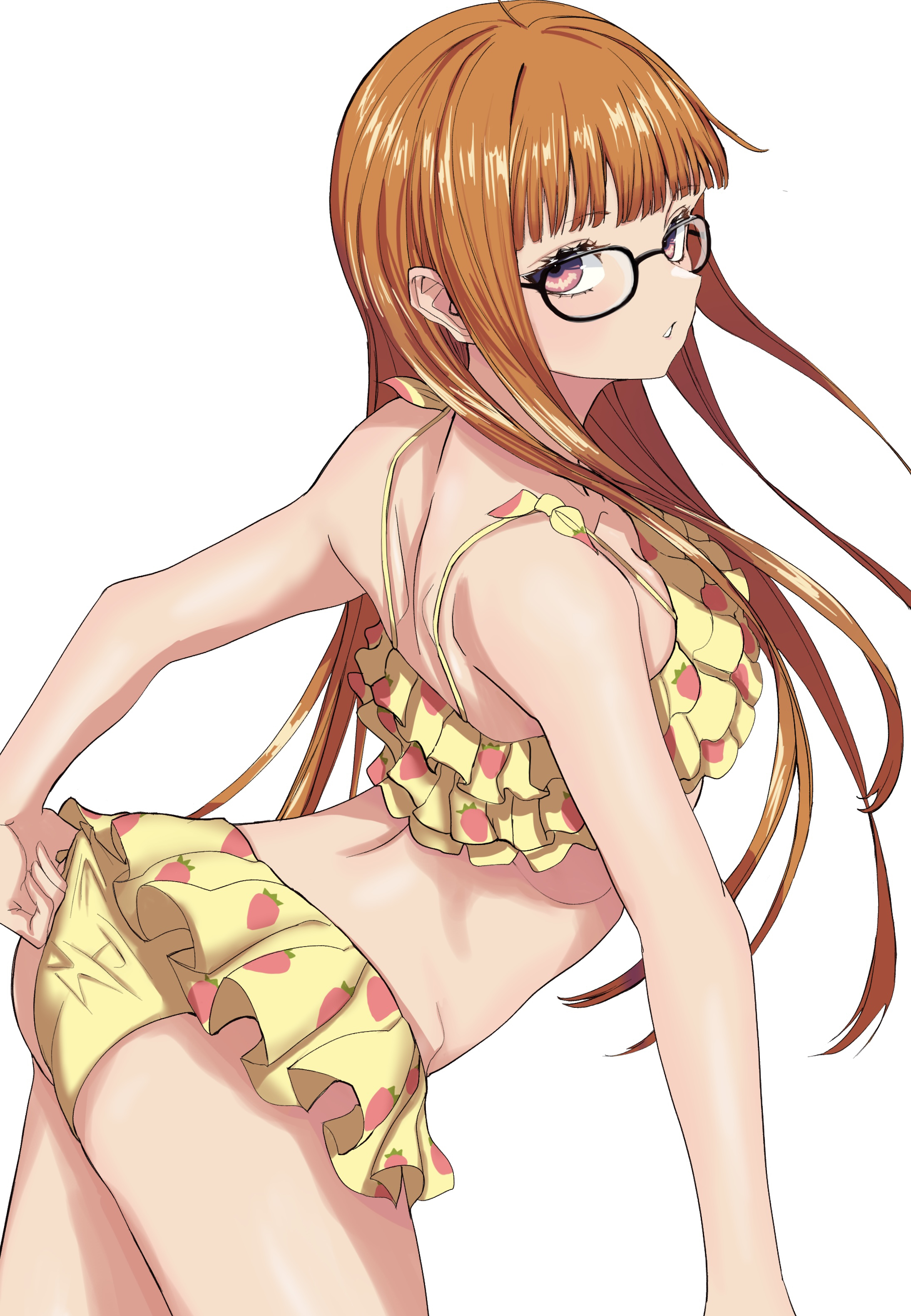 s-m-53413, sakura futaba, persona, persona 5, absurdres, highres, 1girl, adjusting clothes, adjusting swimsuit, ahoge, arched back, ass, back, bikini, black-framed eyewear, breasts, food print, frilled bikini, frills, fruit print, glasses, long hair, looking at viewer, orange hair, parted lips, purple eyes, simple background, small breasts, solo, strawberry print, swimsuit, very long hair, white background, yellow bikini